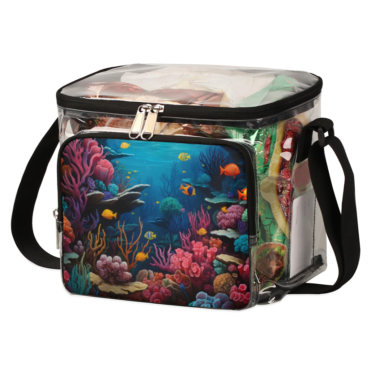 GzLeyigou Clear Transparent Tote Bag with Handles - Underwater Coral Fish Design - Crossbody Shoulder Bag for Lunch, Beach, Travel, Picnic, Concerts & Sports Events - Stadium Approved Clear Purse for Outdoor Activities & Theme Parties