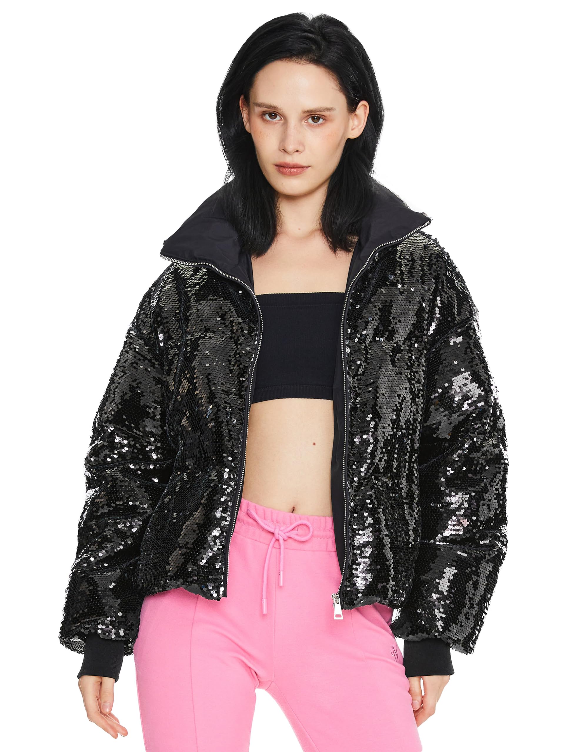 Orolay Women's Shiny Sequin Down Coat - Glitter Puffer Jacket with Stand Collar, Long Sleeve Winter Outerwear for Women | Perfect for Parties, Holidays & Cold Weather Fashion
