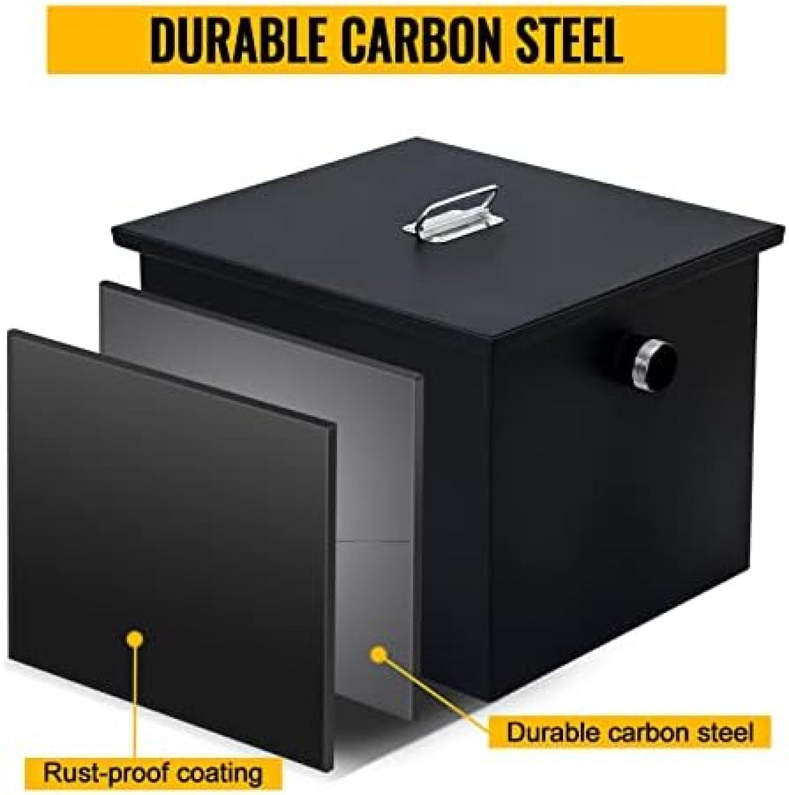 Commercial Grease Trap & Interceptor - 4.6 GPM Under Sink Oil-Water Separator, Side Inlet Design, Carbon Steel Construction (14LB, Black) - Ideal for Restaurants, Canteens & Home Kitchens - Prevents Clogged Drains & Maintains Plumbing System