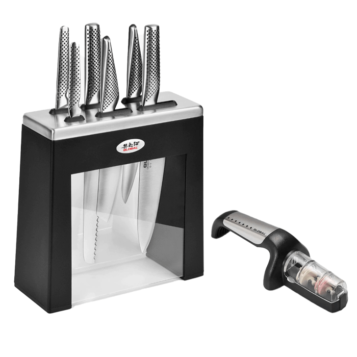 Premium 7-Piece Global Kabuto Classic Knife Block Set with Built-in Sharpener - Perfect for Home Chefs & Professional Kitchens
