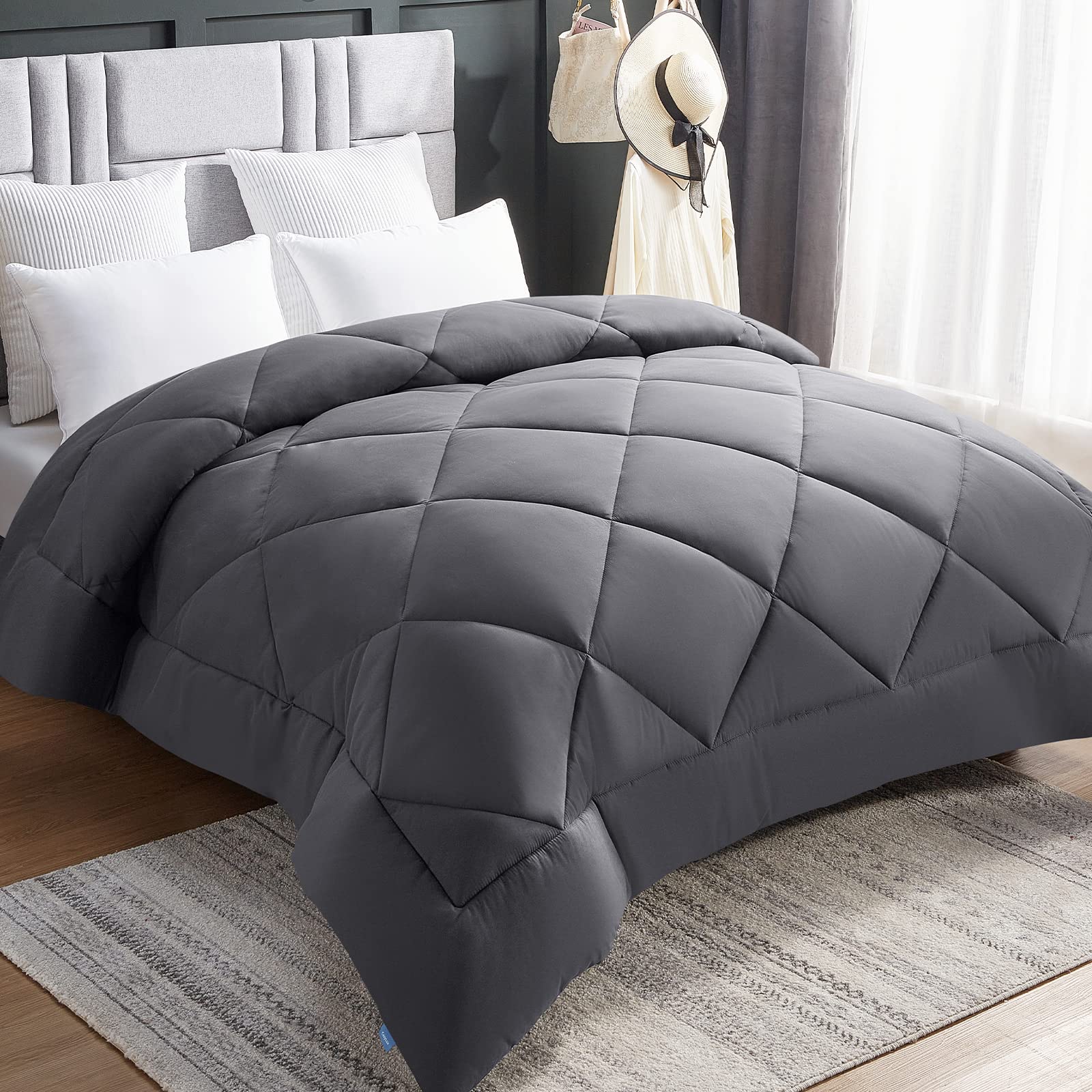 Premium 1800 Series Twin Grey Comforter - All Season Down Alternative Quilted Duvet Insert with Corner Tabs, 300GSM Soft Microfiber Fill, Machine Washable (68