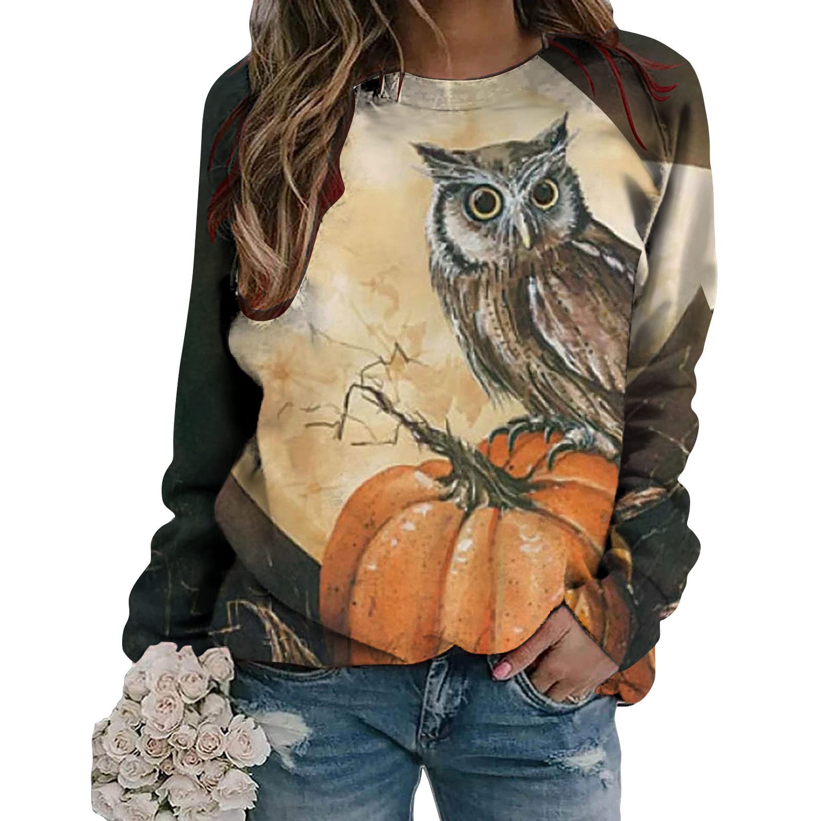 Zzalalana Women's Halloween Sweatshirt - Black Cat & Pumpkin Graphic Print Pullover Top, Crew Neck Long Sleeve Tee Shirt | Cute Halloween Costume, Party Outfit, Fall Fashion
