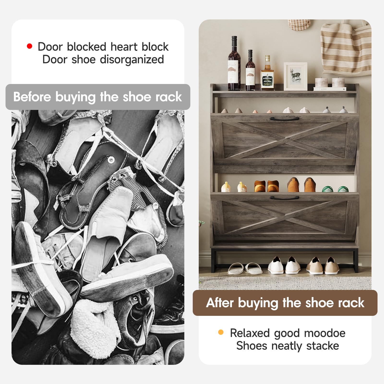 Maupvit Narrow Shoe Cabinet with 2 Flip Drawers - Slim Entryway Shoe Storage Organizer with Metal Legs | Farmhouse Style Free Standing Shoe Rack for Hallway, Closet & Small Spaces