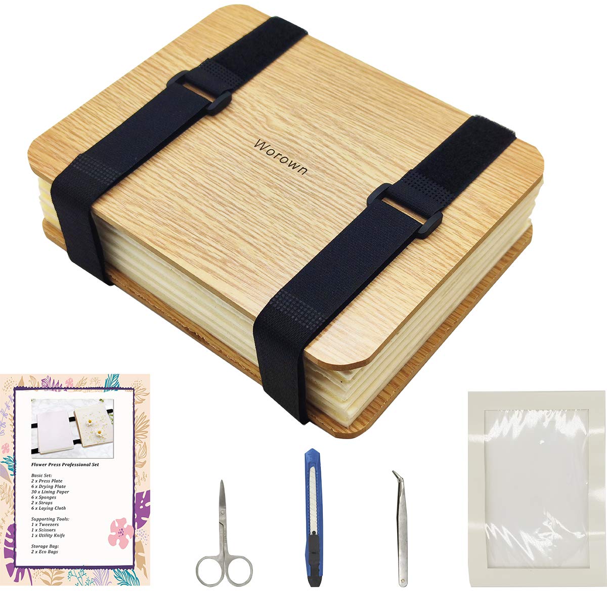 Worown 6 x 8 Inch Professional Flower Press Kit - 6 Layer Botanical Press for Drying Flowers, Leaves & Plants - Includes Step-by-Step Instructions - Perfect for DIY Crafts, Scrapbooking & Nature Preservation