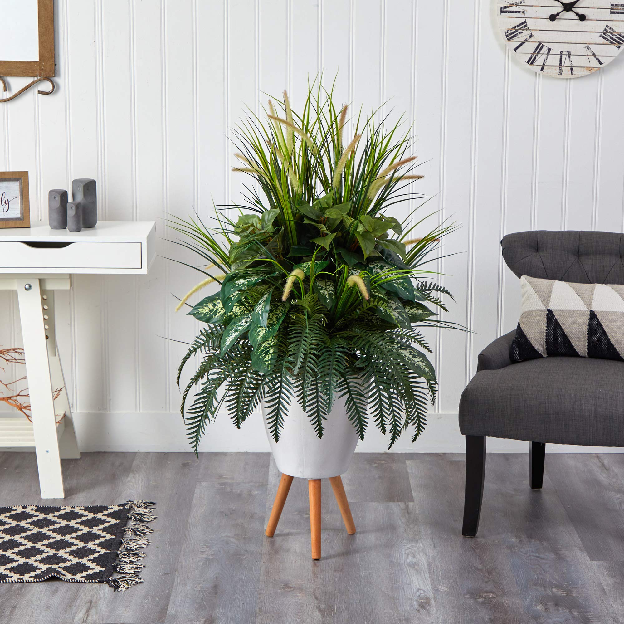 Nearly Natural 4.5ft Mixed Greens Artificial Faux Plant in White Planter with Legs - Perfect for Home Office Decor, Living Room, and Indoor Spaces