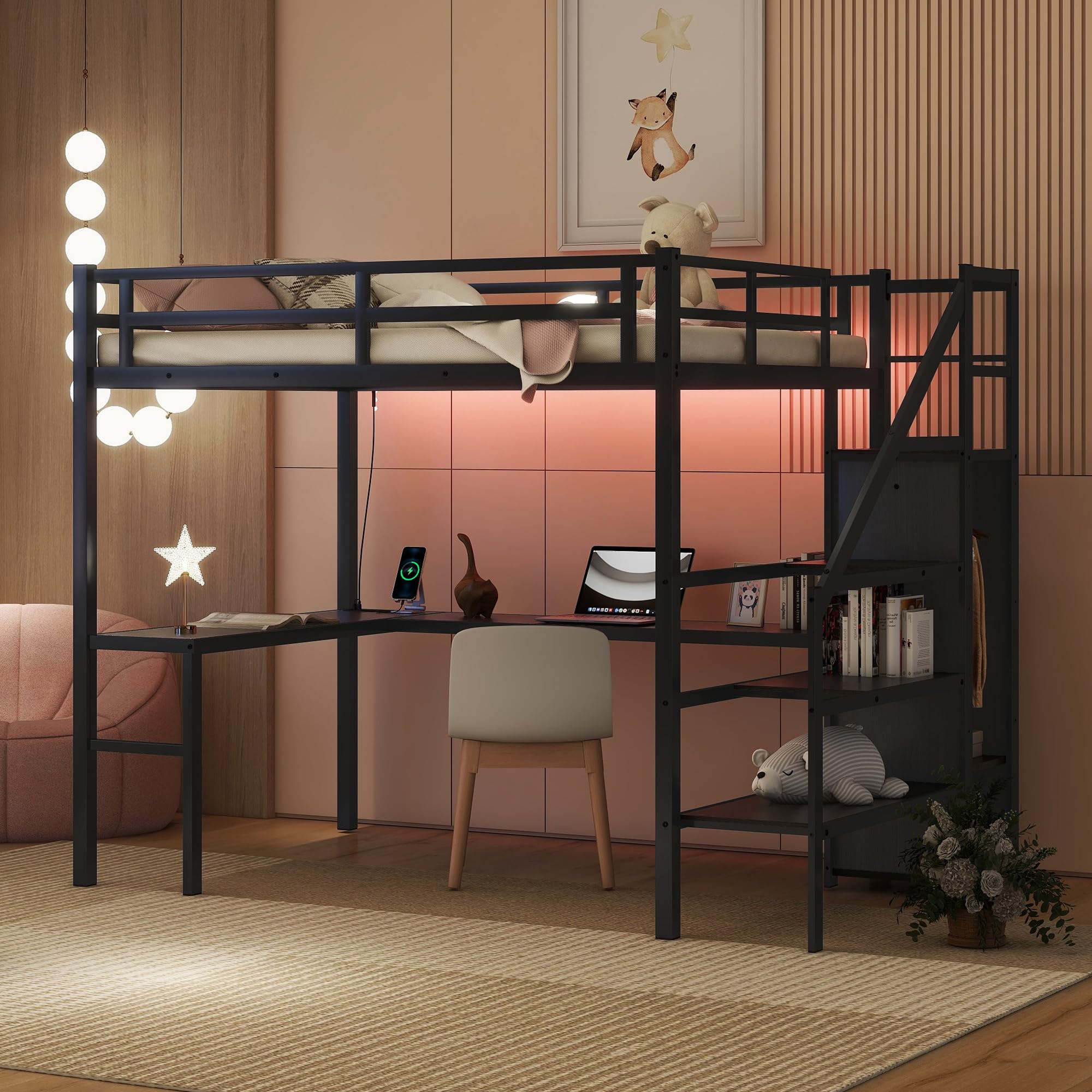 Full XL Size Loft Bed with L-Shaped Desk & Wardrobe - Metal Loft Bed Frame with Storage Stairs, Adjustable Shelf & Guardrails - 69