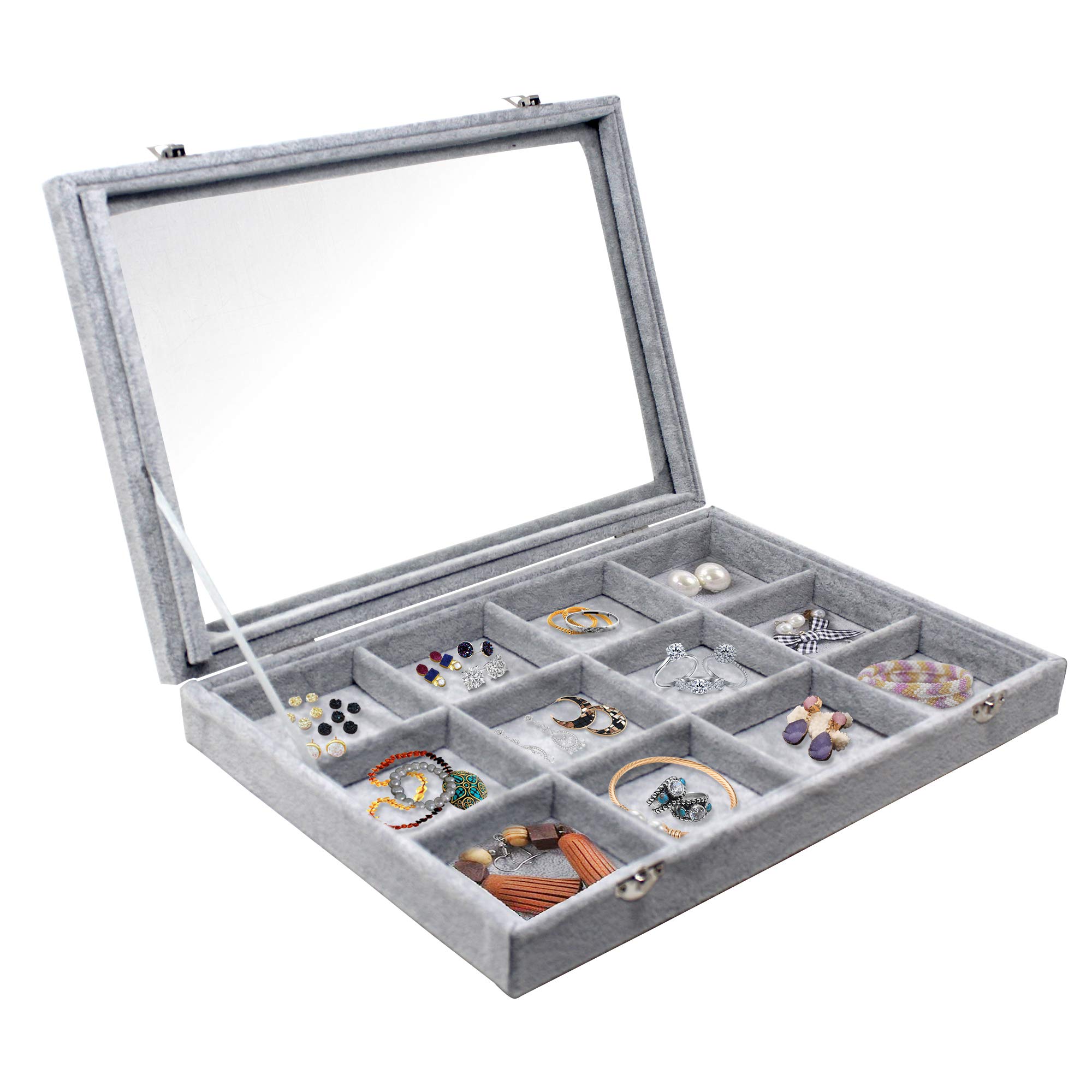 Hivory 12 Grid Jewelry Organizer Tray with Transparent Lid - Grey Bracelet & Bangle Storage Box, Ample Space Display Case for Accessories | Perfect for Vanity, Dresser, Travel & Gift Giving