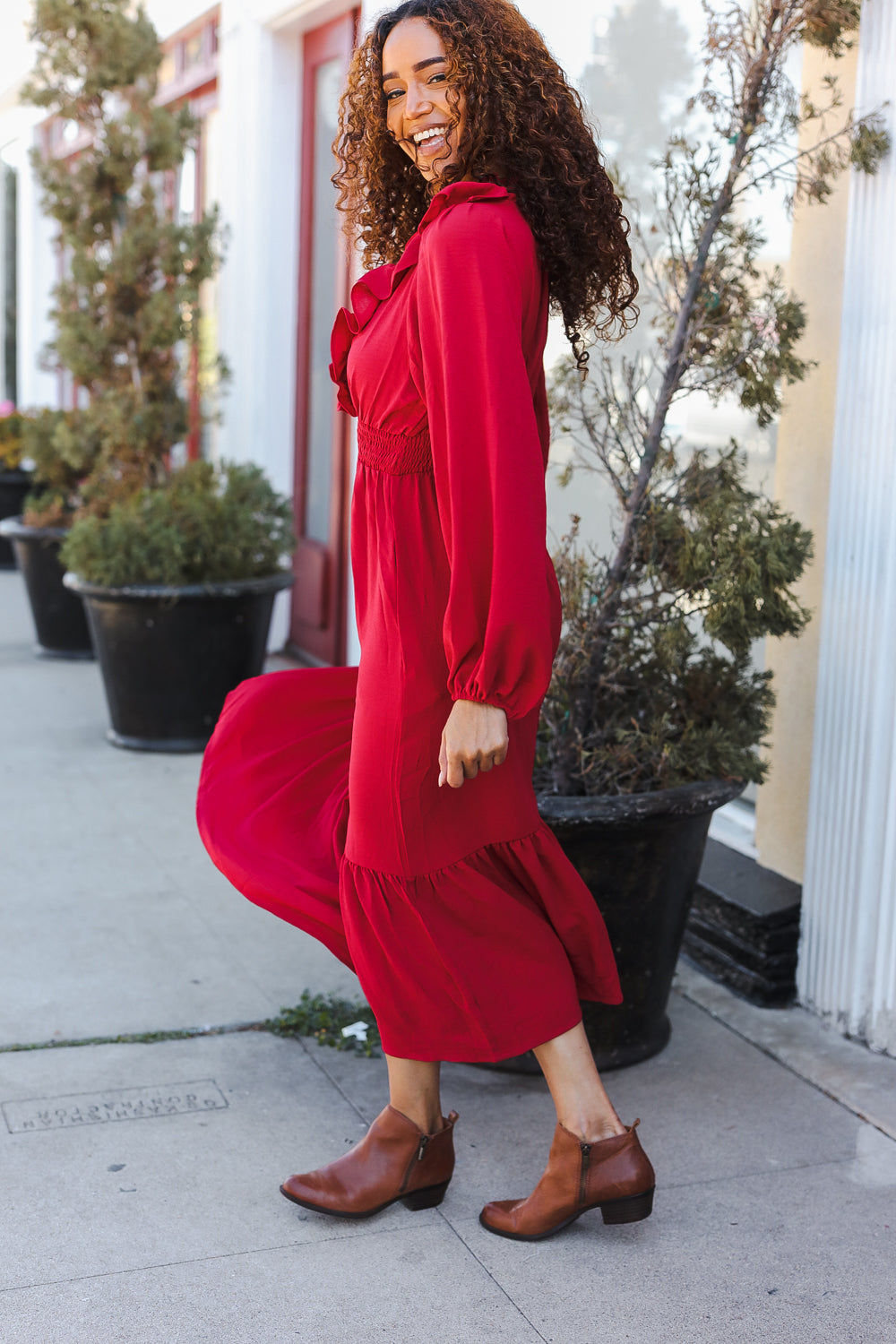 Elegant Holiday Red Overlap Ruffle V-Neck Midi Dress for Women | Christmas Party, Cocktail Event & Special Occasion Outfit