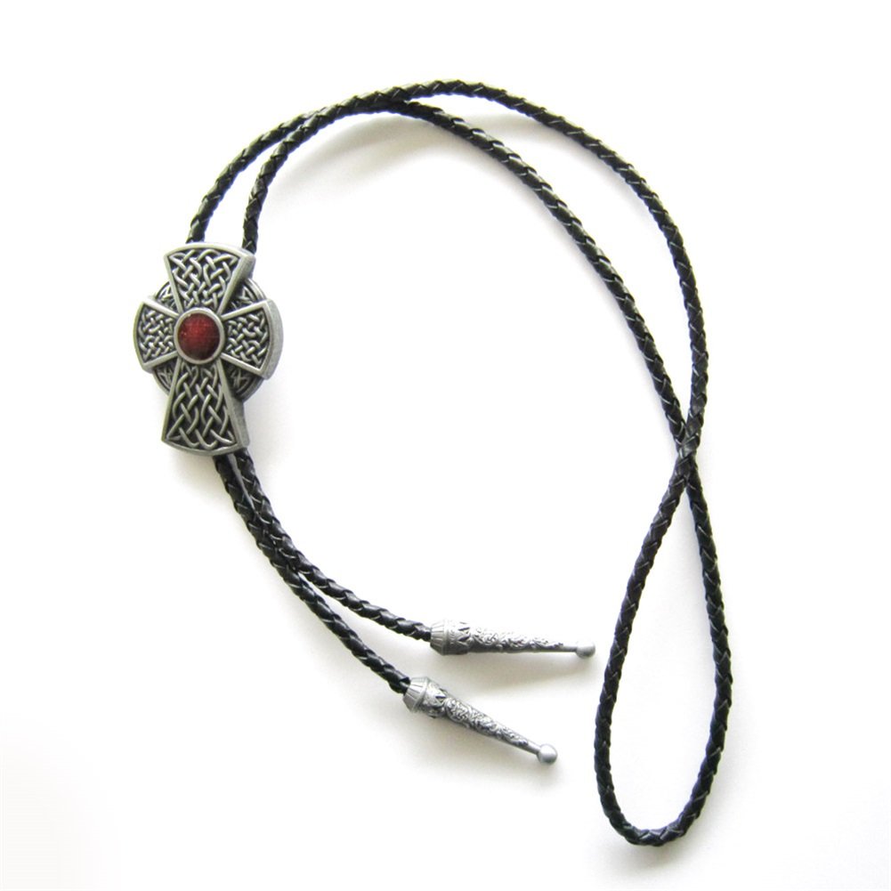 Vintage Celtic Cross Knot Bolo Tie - Red Enamel Men's Western Necklace - Perfect for Cowboy Outfits, Western Fashion & Gift Giving (USA Stock)