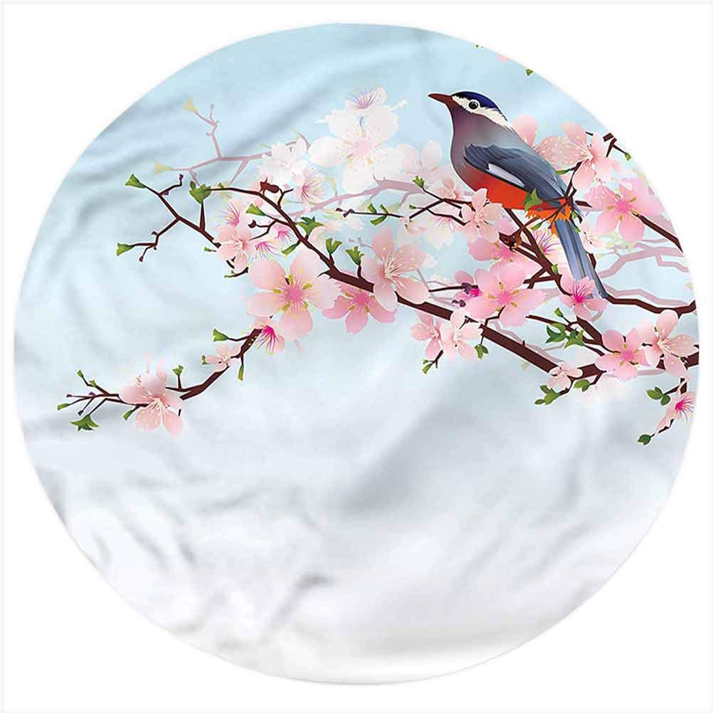 LCGGDB Japanese Robin Floral Round Flannel Throw Blanket - 39 Inch Soft Cozy Blanket for Adults & Kids - Perfect for Sofa, Bed, Picnics & Winter Warmth