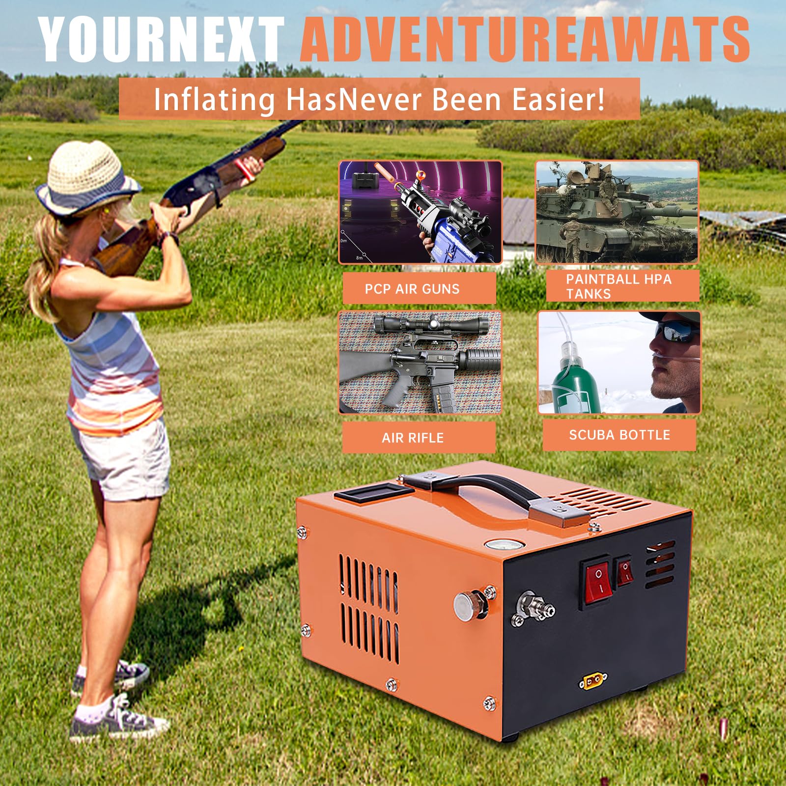 4500psi 12V High Pressure Air Compressor for PCP Air Guns - Portable PCP Pump with Built-in Transformer & Fan Cooling (Orange) - Perfect for Hunting, Paintball & Airsoft Refills