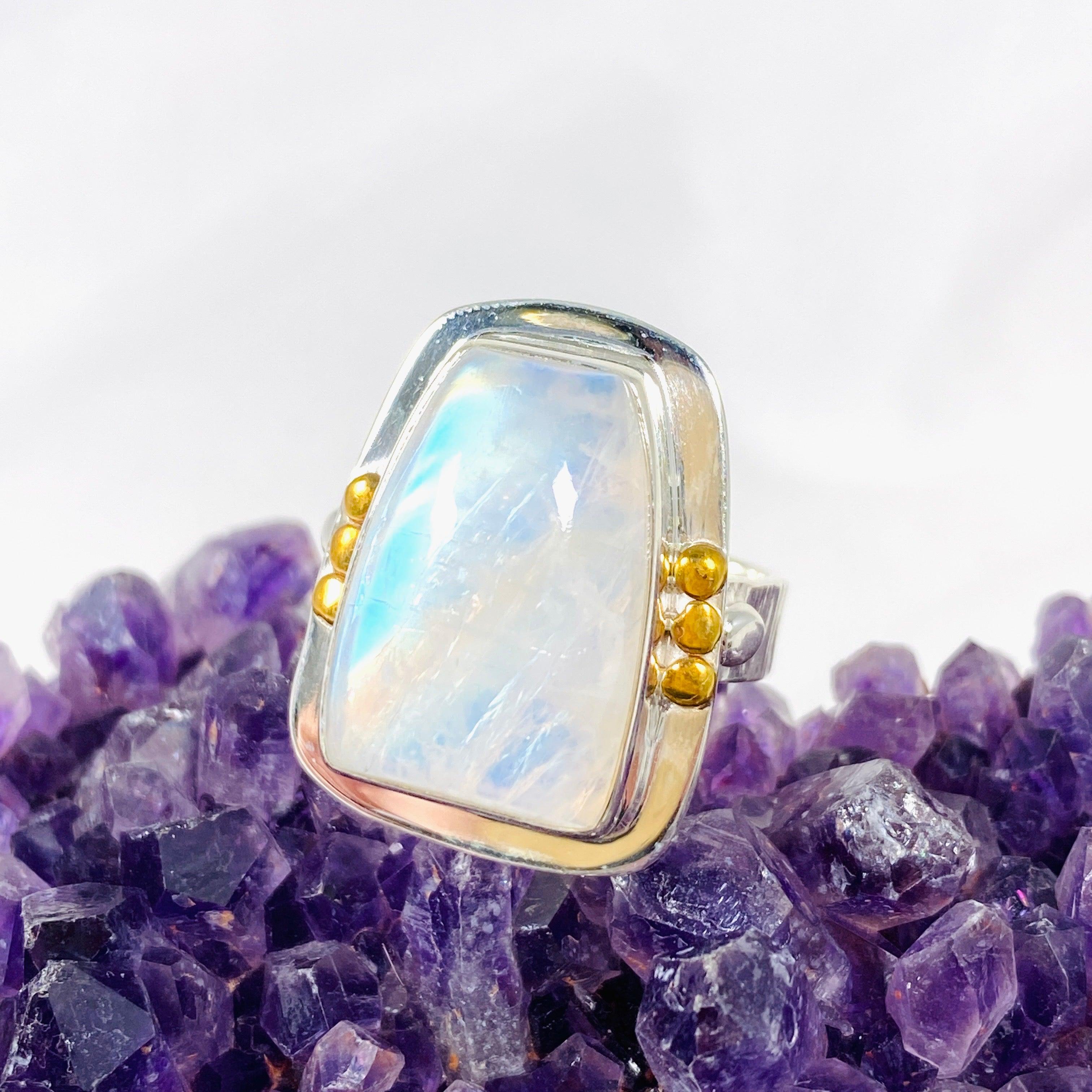 Moonstone Freeform Ring with Brass Detailing - Size 10 - KRGJ3035 - Boho Chic Jewelry for Women, Perfect for Everyday Wear & Special Occasions