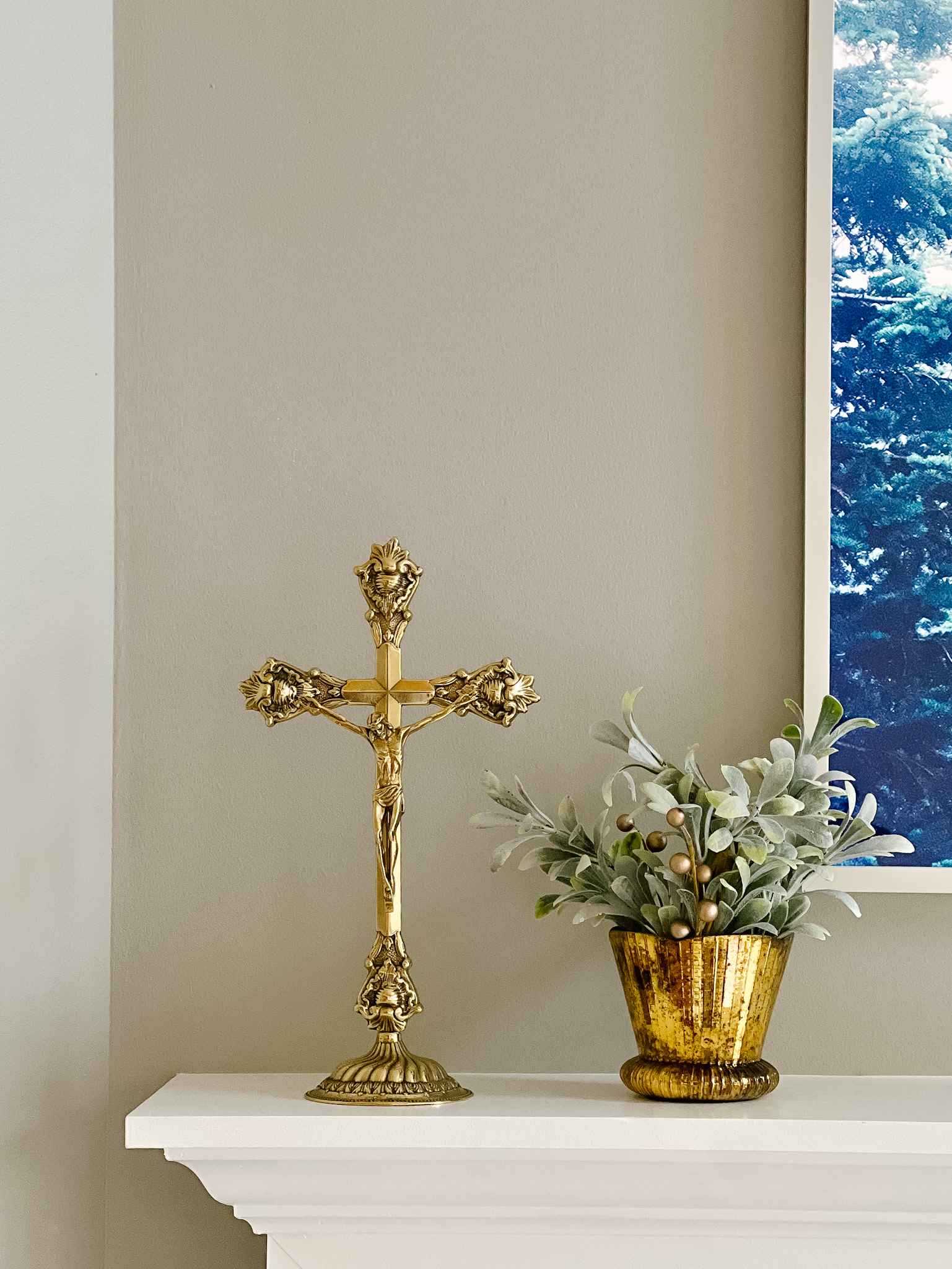 Standing Crucifix Grande - Polished Brass Religious Cross for Home Altar, Church Decor, and Prayer Spaces