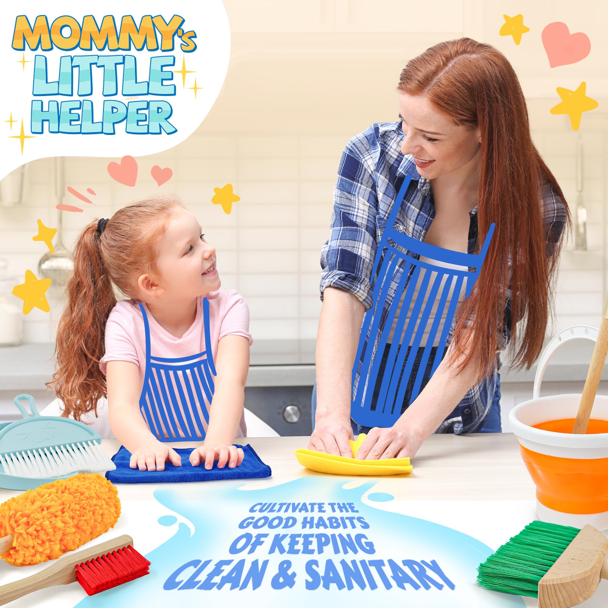 9-Piece Wooden Kids Cleaning Toy Set with Broom, Mop, Bucket & Cloth - Montessori Learning Toys for Toddlers - Pretend Play Housekeeping Set for Indoor Chores & Role Play Activities