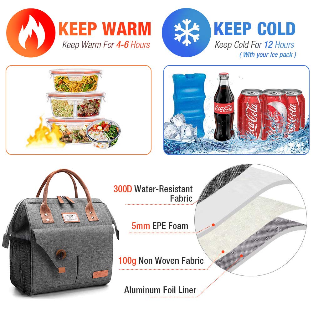 Lekesky Insulated Lunch Bag for Women - Leakproof Lunch Tote for Work, School & Picnics - Grey Thermal Lunch Box for Adults - Perfect for Office, Commuting & Outdoor Activities