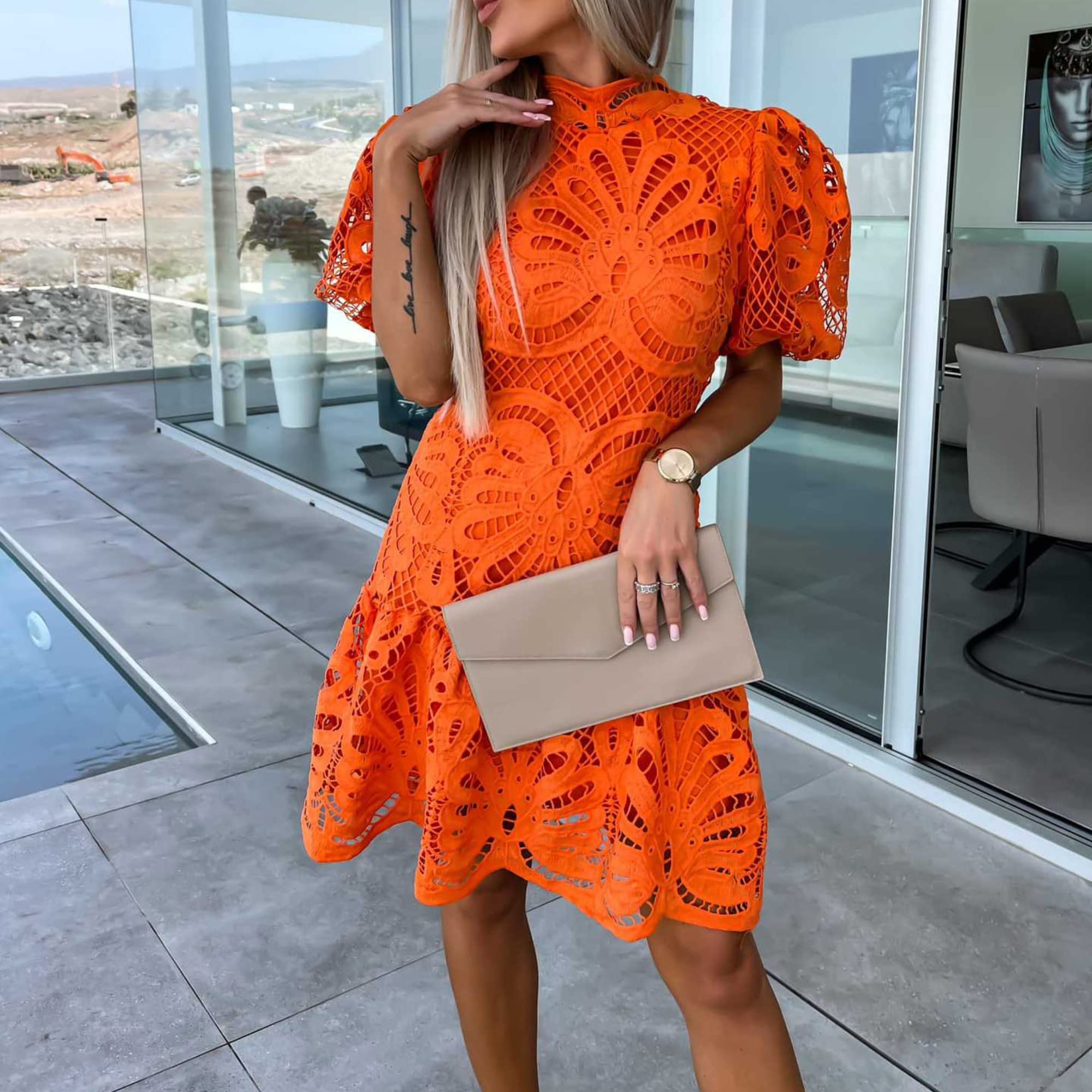 Floral Lace Mini Dress for Women - Summer Short Sleeve A-Line Cocktail Dress with Puff Sleeves & High Neck | Perfect for Wedding Guest, Party, Date Night & Special Occasions