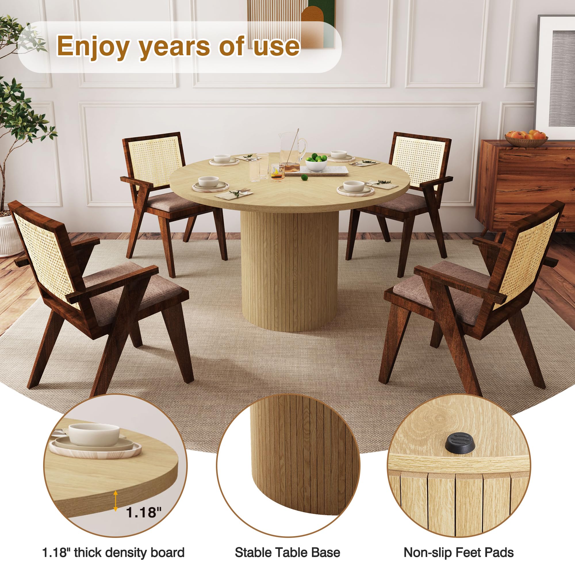 47 Inch Round Dining Table - Farmhouse Fluted Pedestal Base, Modern Solid Wood Small Circle Kitchen Table for Dining Room & Living Room | Perfect for Small Spaces, Breakfast Nooks & Cozy Gatherings