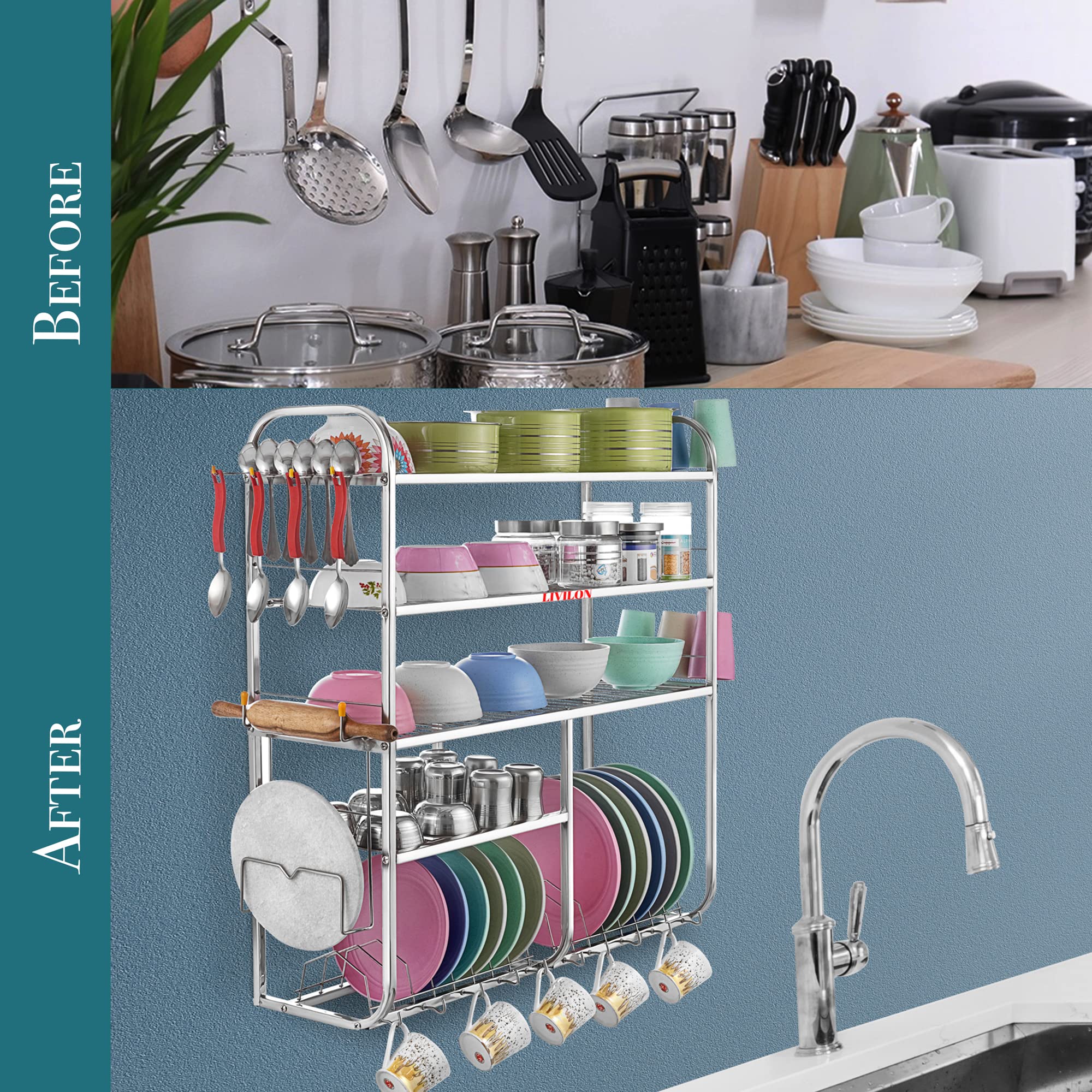 Stainless Steel Wall Mount Kitchen Utensil Rack - 5 Shelf Dish Organizer for Spoons, Plates & Cutlery (31x30x10 Inches) - Space Saving Kitchen Storage Solution for Small Apartments & Organized Cooking Spaces