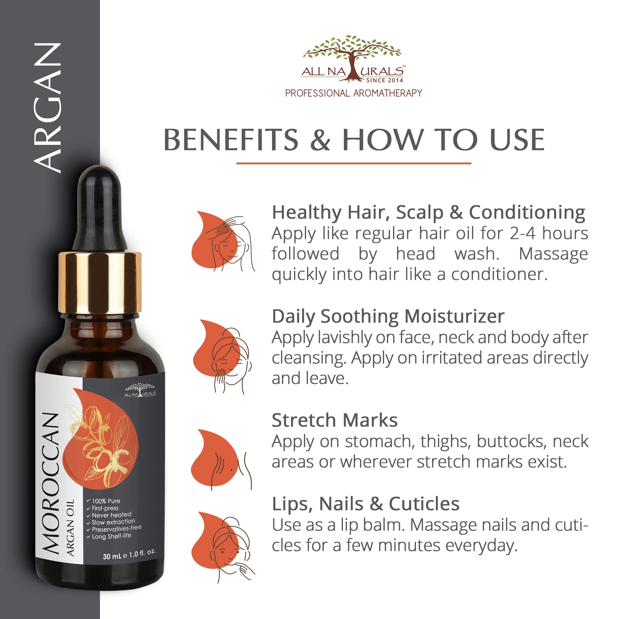 Pure Moroccan Cold Pressed Argan Oil 30mL X 3 Pack - 100% Natural Undiluted Carrier Oil for Hair Growth, Dry Scalp & Sensitive Skin Care | Face & Body Moisturizer, Hair Treatment & Massage Oil for Shine & Hydration