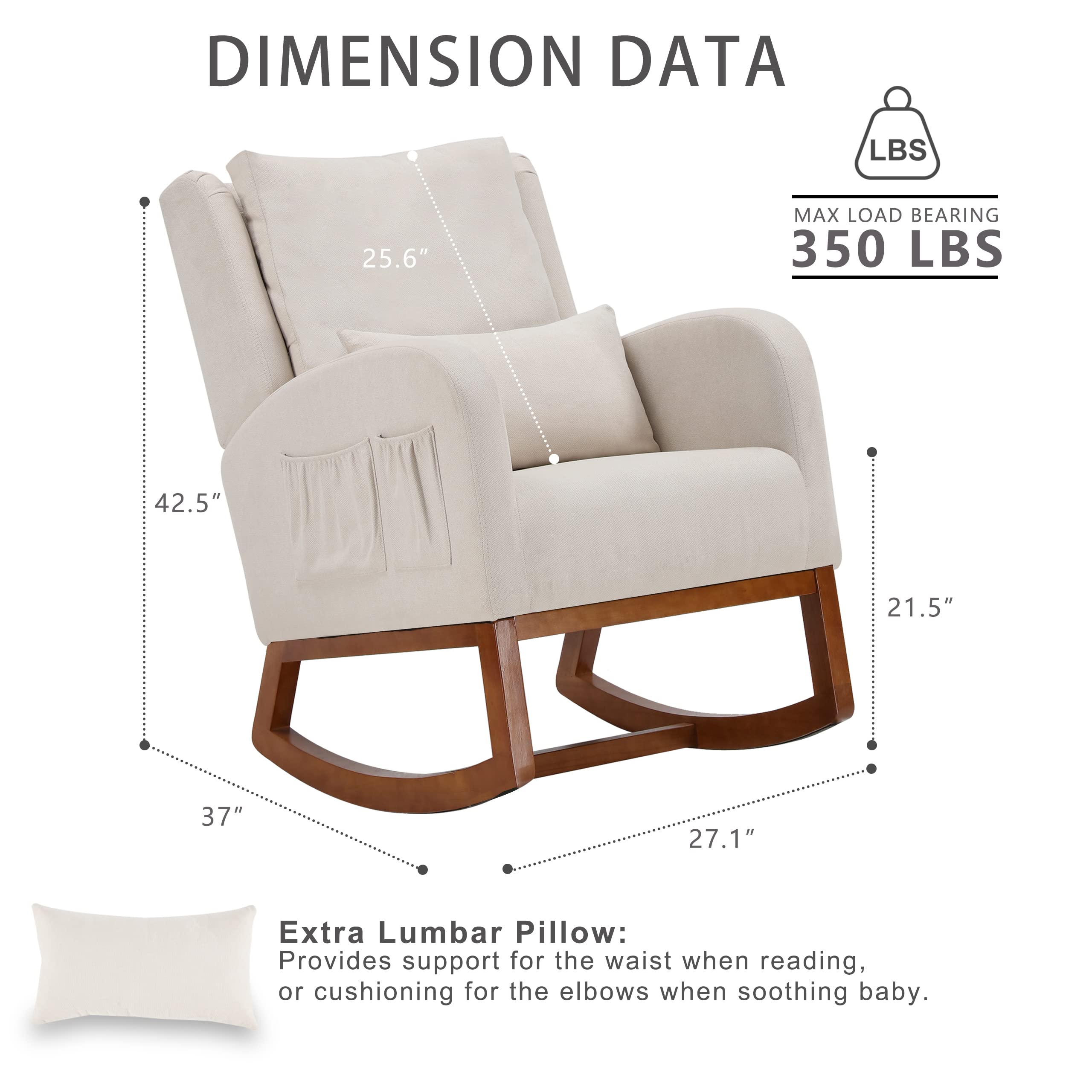 Modern Nursery Glider Rocking Chair with Side Pockets & Lumbar Support - High Back Accent Rocker for Living Room, Bedroom, Nursery - Beige | Perfect for Breastfeeding, Reading Nook & Relaxation
