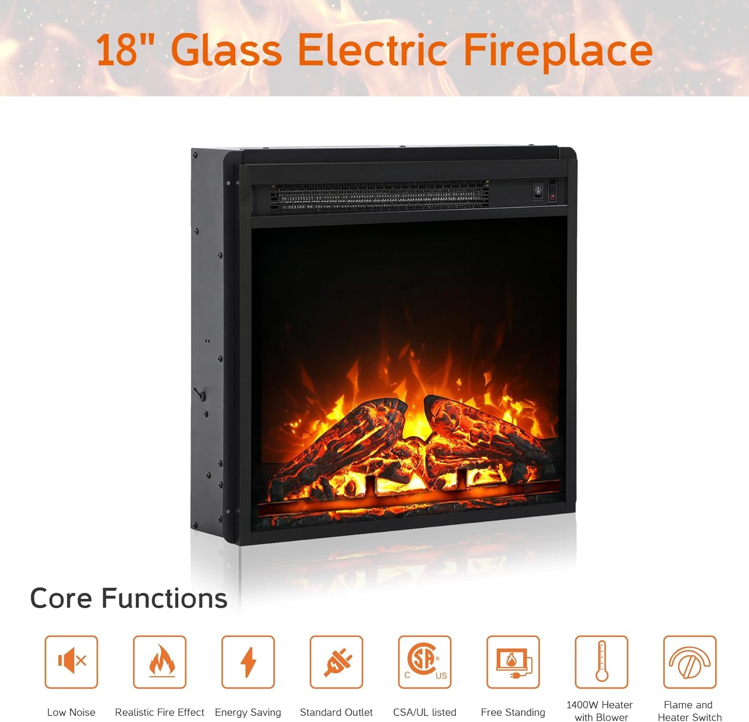 WAMPAT 18 Inch Recessed Electric Fireplace with Heater - Wall Mounted Linear Fireplace with Adjustable Thermostat, 1400W Small Electric Stove for Bedroom, Office & Living Room - Perfect for Winter Heating & Cozy Ambiance