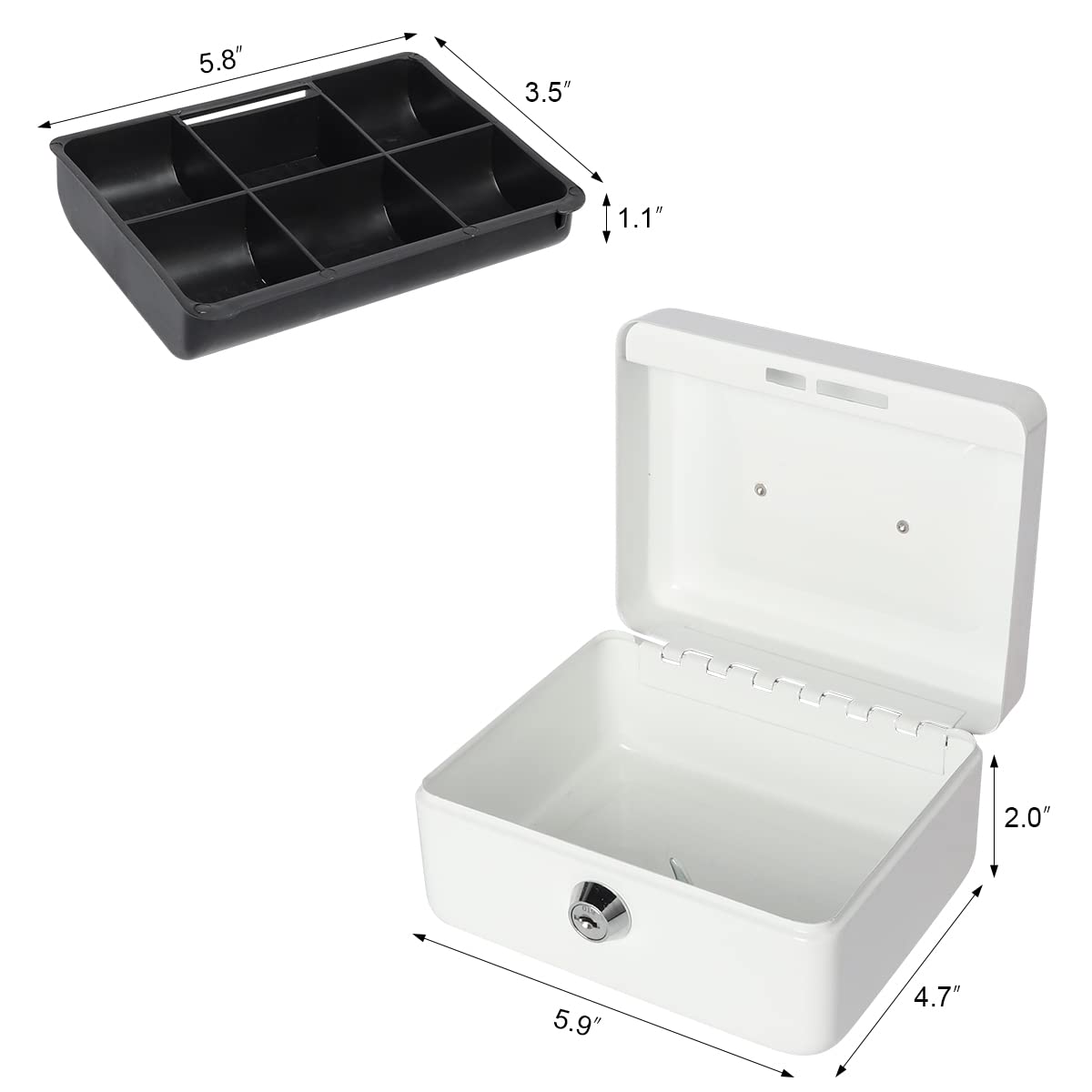 Small Lock Box with Money Tray - Portable Metal Cash Safe for Kids & Home Use - Secure Storage for Money, Jewelry & Valuables - Perfect for Piggy Bank, Allowance Savings & Home Office Organization (White)
