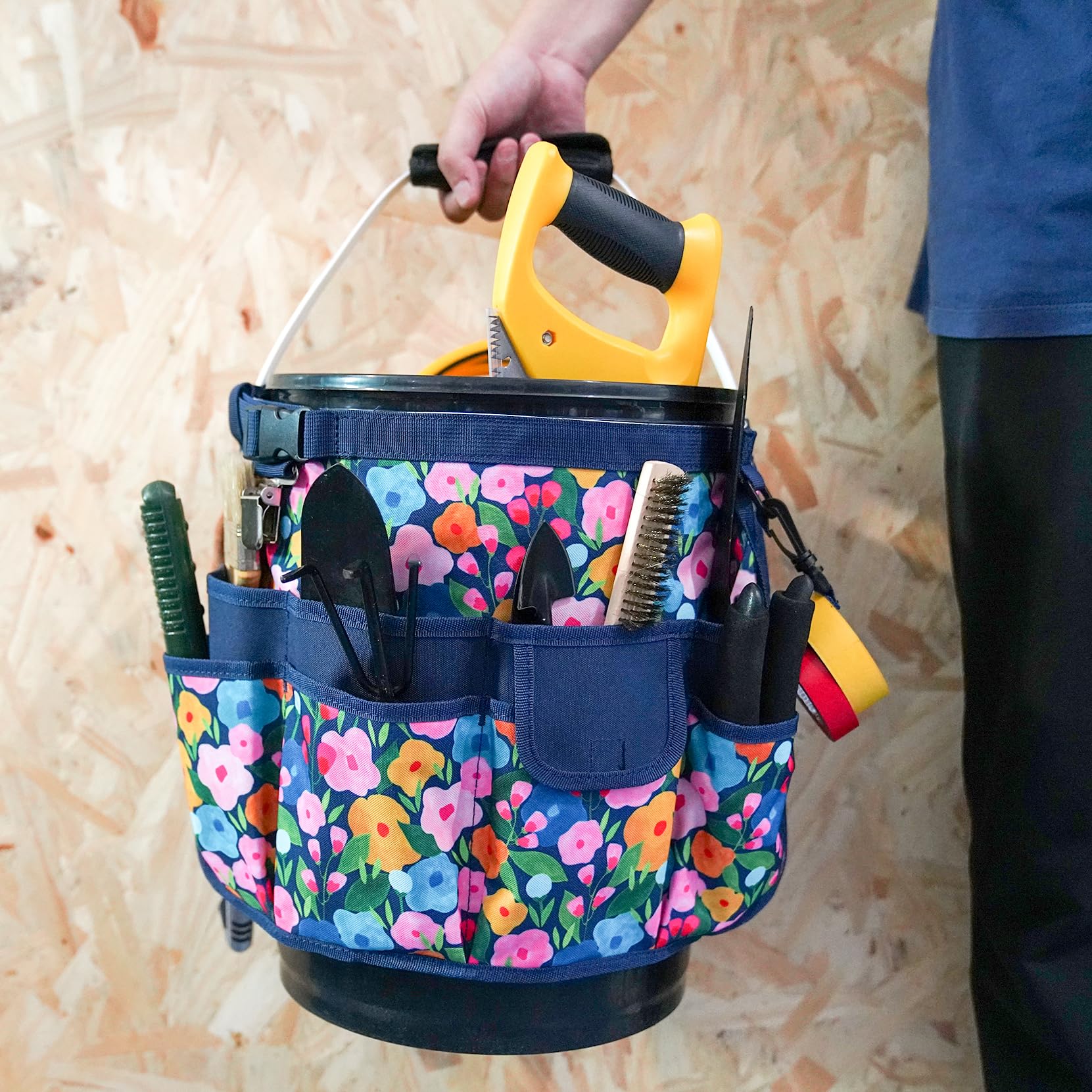 MELOTOUGH Bucket Organizer for Garden Tools - Fits 3.5 to 5 Gallon Buckets, Heavy Duty Tool Holder with Blue Flower Design - Perfect for Gardening, DIY Projects & Workshop Organization