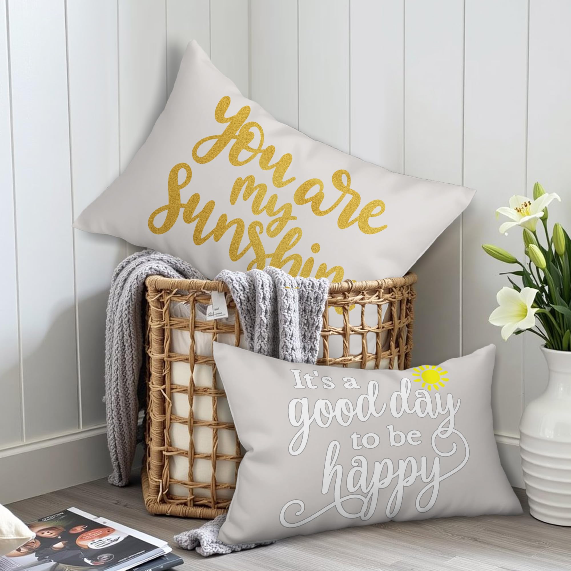 Hexagram Spring Summer Pillow Covers Set of 4 - 12x20 Inch Yellow Grey Decorative Throw Pillow Covers with Sunflower Design for Living Room, Bedroom & Outdoor Decor