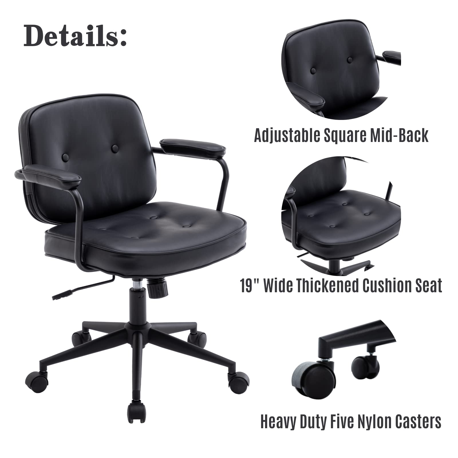 LukeAlon Adjustable PU Leather Office Chair - 360° Swivel Ergonomic Desk Chair with Armrests, Thickened Seat & Tilt Function for Home Office, Study or Gaming - Modern Button Tufted Computer Chair in Black