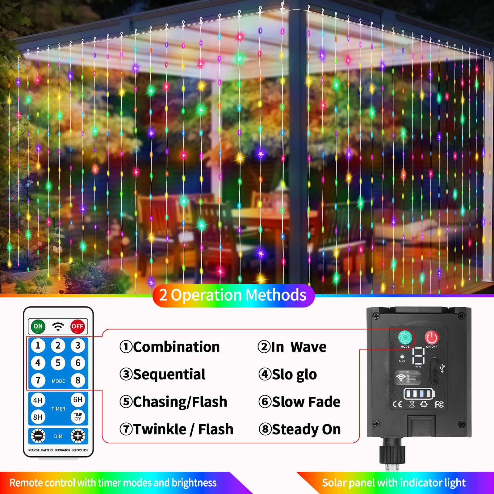QLIRJAD 300LED Solar Curtain Lights Outdoor Waterproof - USB Rechargeable Fairy String Lights with Remote, 8 Modes, Timer & Dimmable Function for Christmas, Wedding, Gazebo, Window Decor - Perfect for Outdoor Party, Garden, Patio and Backyard Lighting