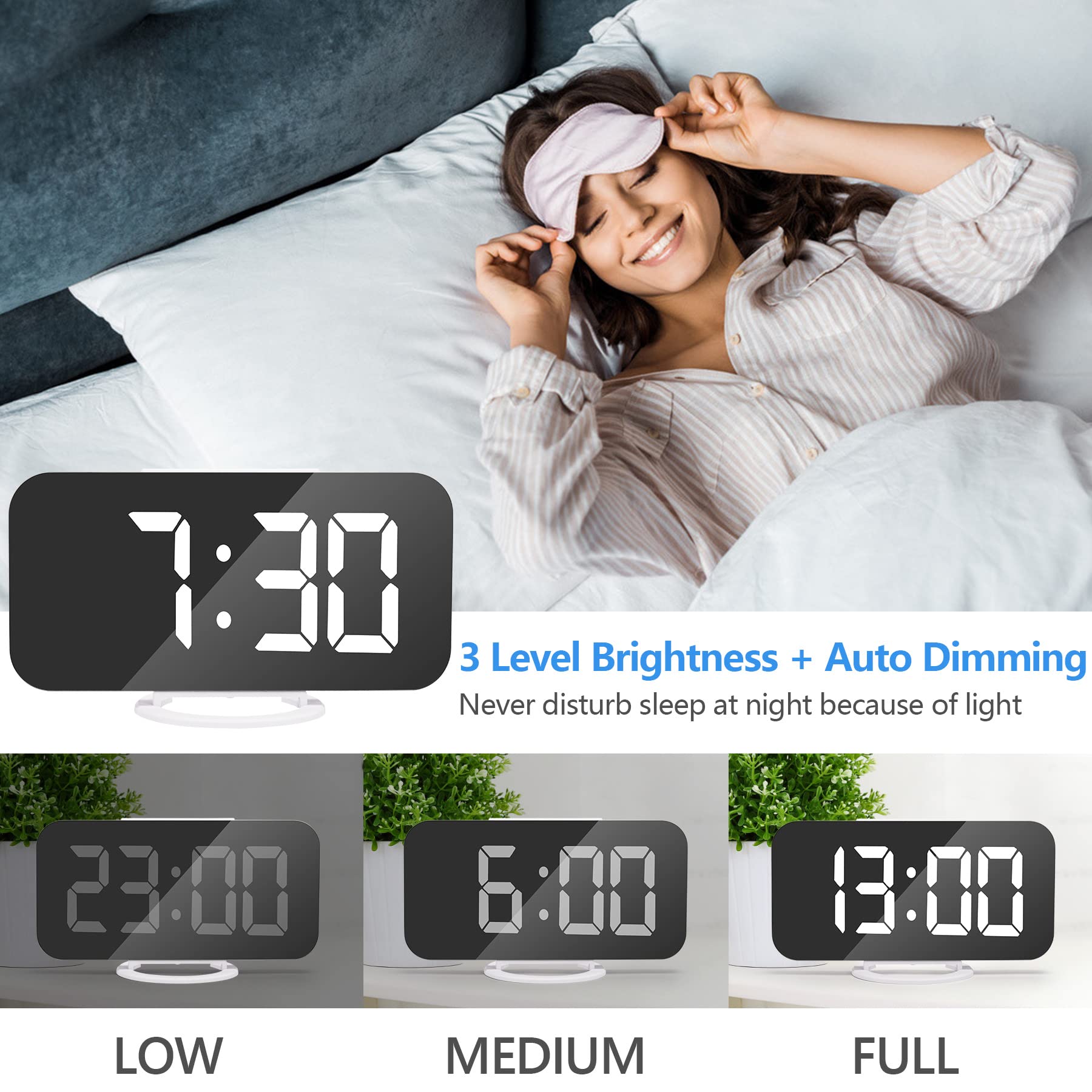 Digital Alarm Clock with LED Mirror Display - Dual USB Ports, 3-Level Brightness & Auto Dimming for Bedroom & Office | Night Mode, Easy Snooze, Modern White Decor | Perfect for Nightstands, Home Offices & Gift Giving