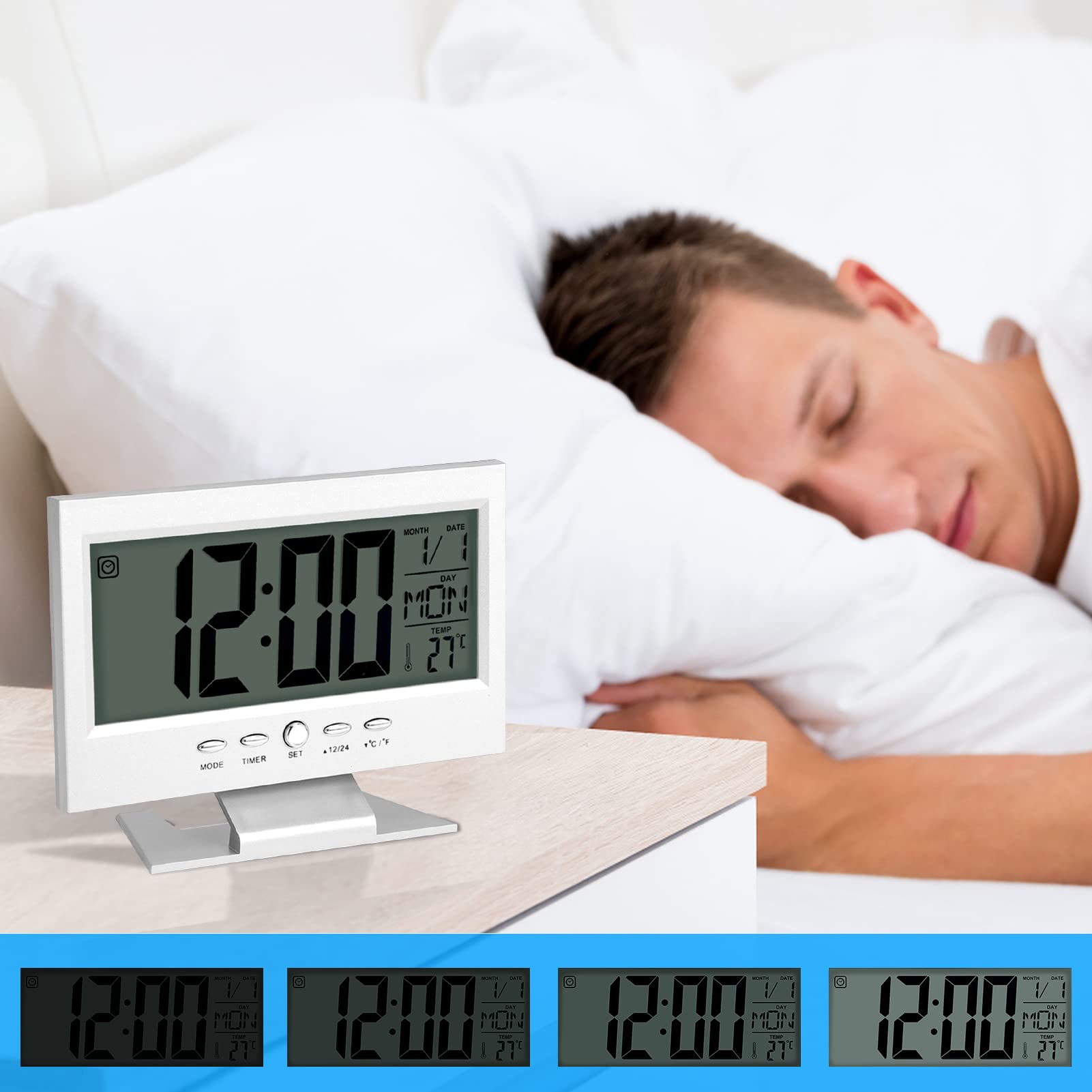 Silver LCD Digital Sound Sensor Alarm Clock with Calendar & Temperature Display - Electric Desk Clock for Bedroom, Office, and Home Use