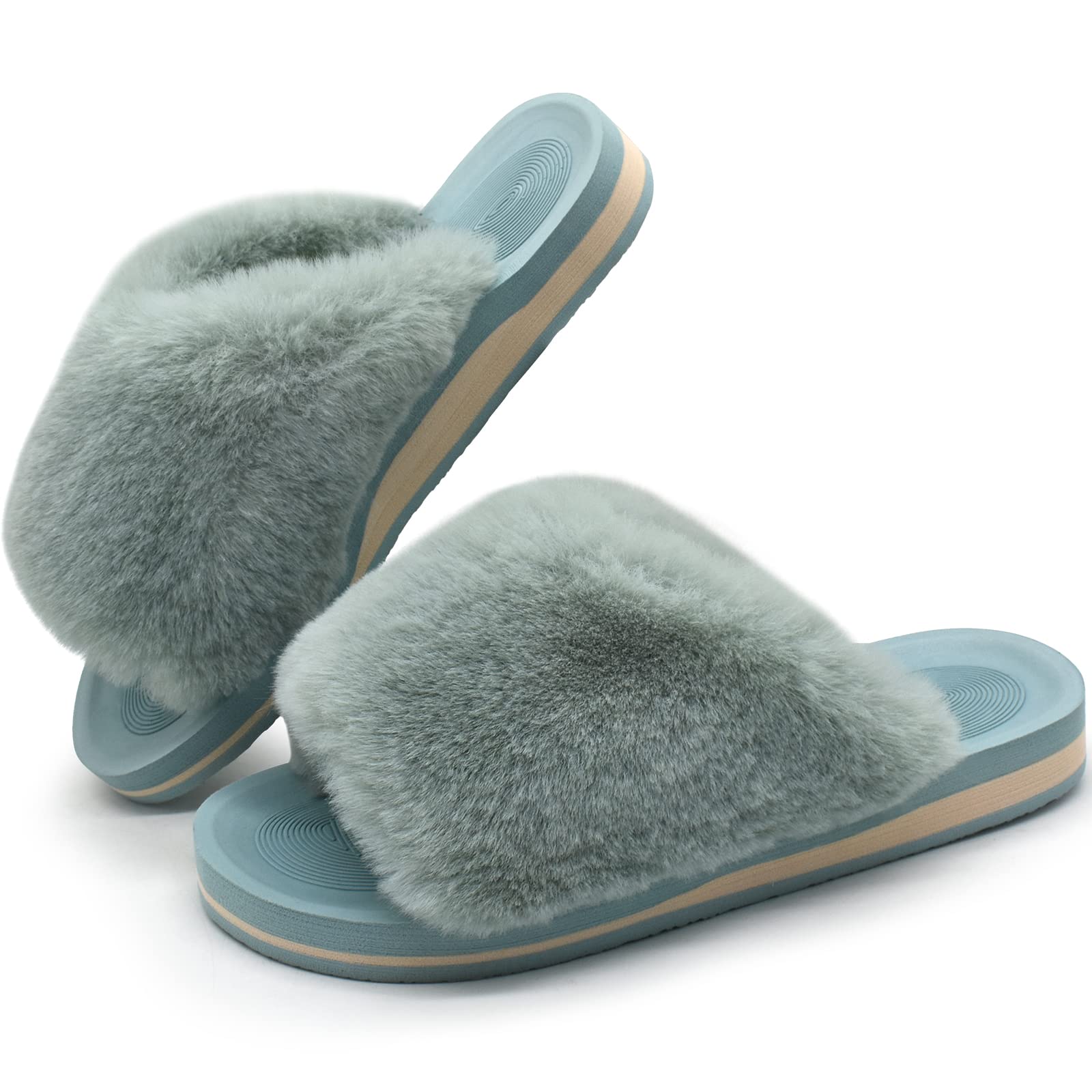 Women's Fluffy Furry Slides - Soft Fur House Slippers with Arch Support, Open Toe Indoor/Outdoor Sandals for Comfortable Home, Lounge & Backyard Wear