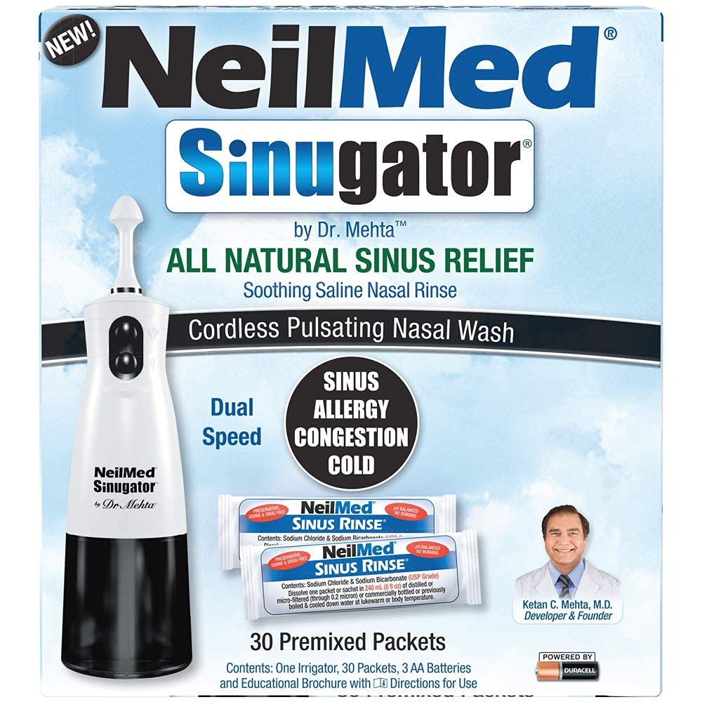 NeilMed Sinugator Cordless Pulsating Nasal Irrigator - Dual Speed Nasal Wash System with 30 Premixed Salt Packets & 3 AA Batteries (Black) | For Sinus Relief, Allergy & Cold Symptoms, Nasal Congestion Care at Home or Travel