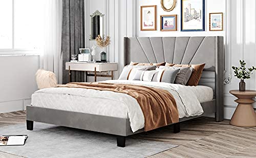 Luxury Velvet Upholstered Queen Size Platform Bed Frame with Slat Kit - No Box Spring Needed, Gray Modern Bed for Bedroom & Living Room | Perfect for Small Spaces & Guest Rooms