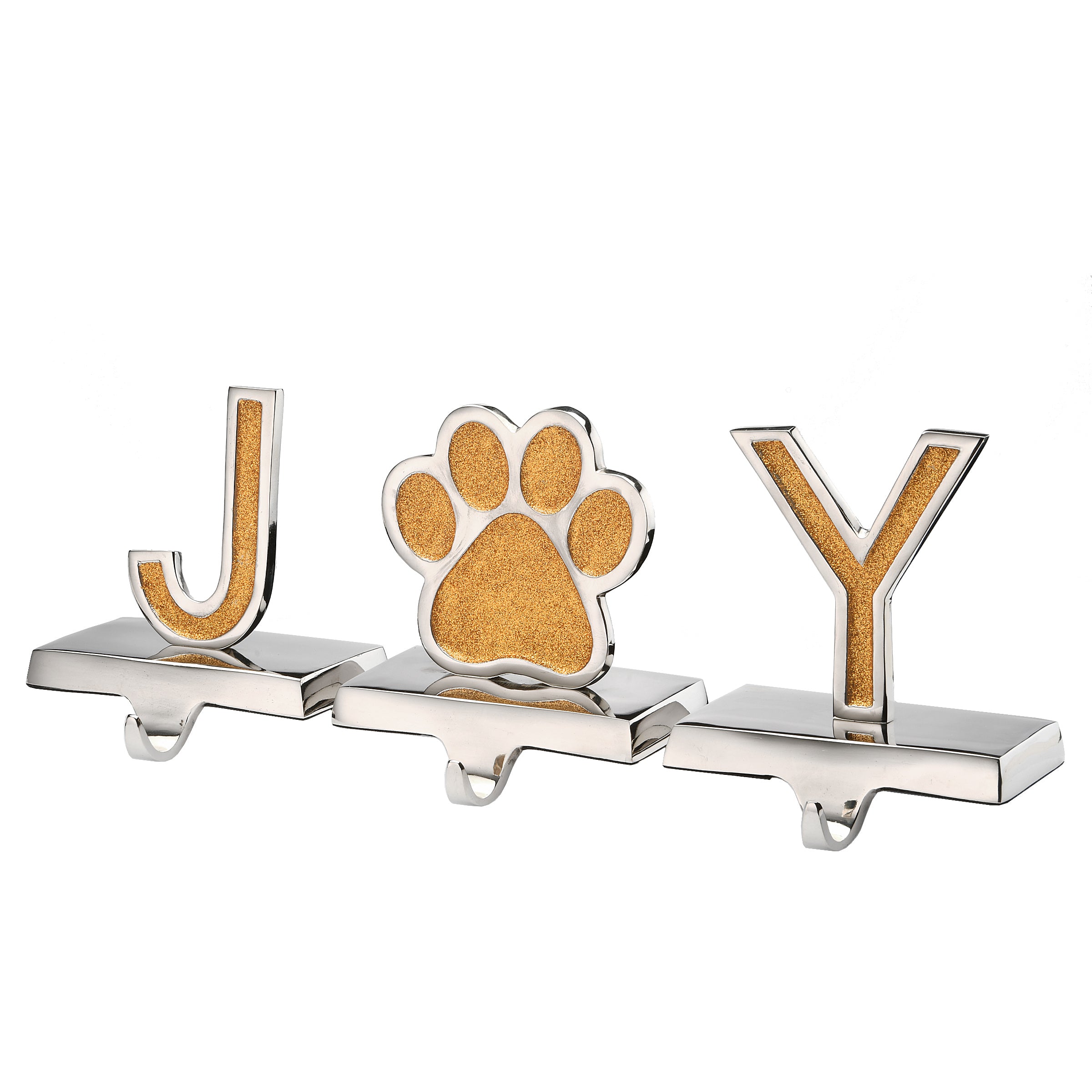 5 in. 3-Piece Gold Sparkle JOY Christmas Stocking Holders Set - Gold & Silver with Paw Print Design for Fireplace Mantel, Holiday Decor, and Gift Exchange