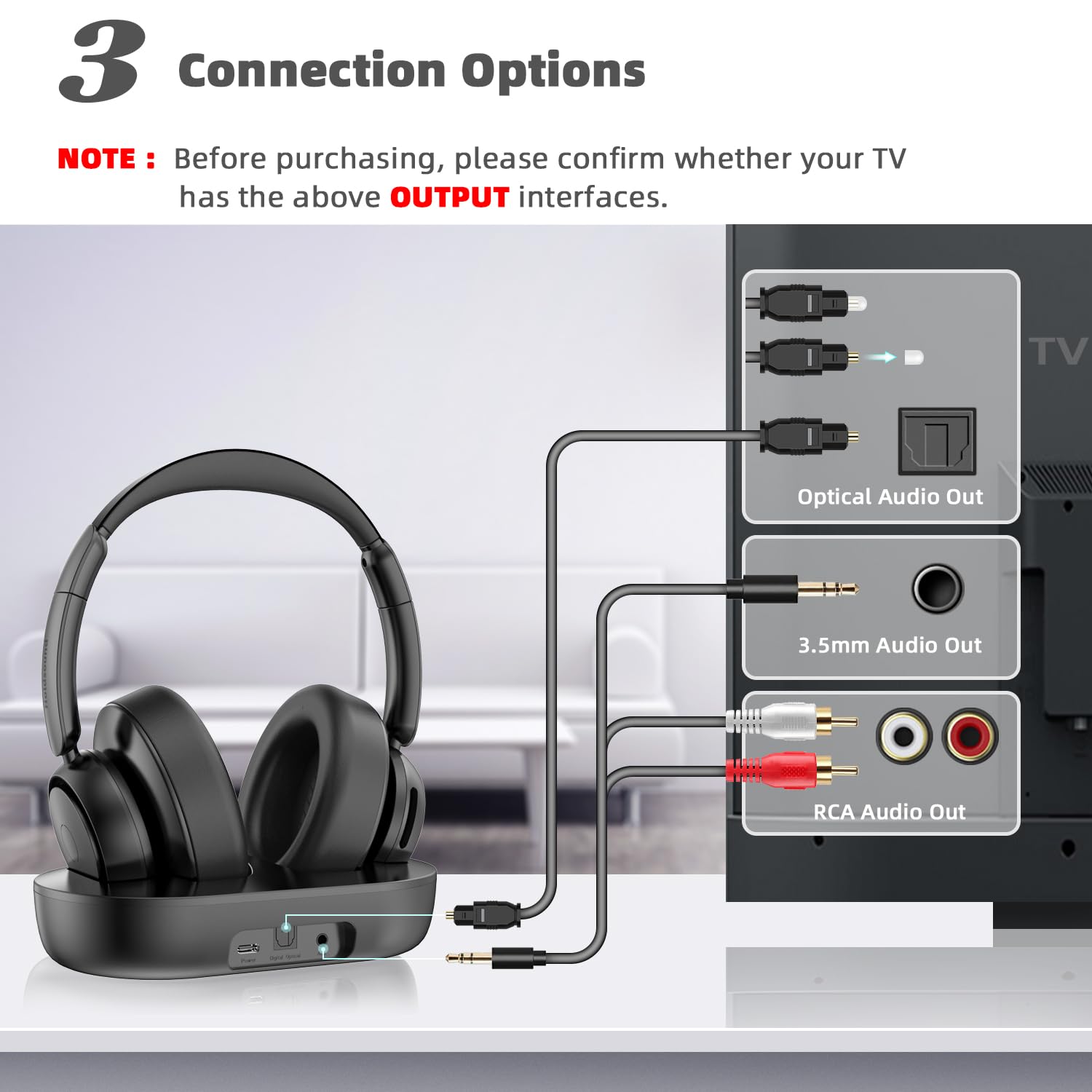Wireless TV Headphones BKM500 with Transmitter (Optical/AUX/RCA) - Plug & Play, 35H Battery, 3 EQ Modes - Perfect for Late Night TV Watching & Hearing Impaired Users