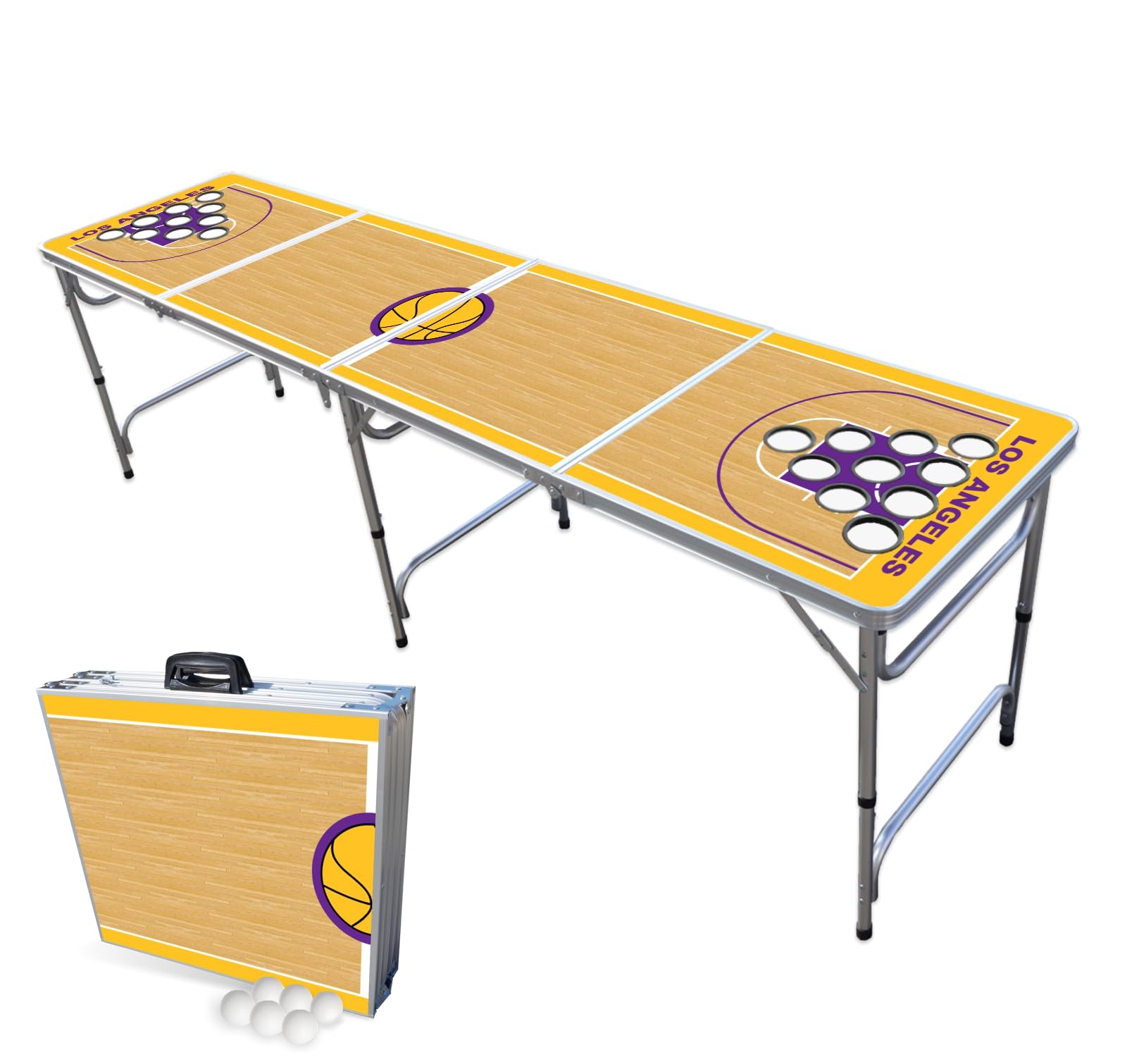 8-Foot Folding Portable Beer Pong Table with Optional Cup Holders & LED Lights - Los Angeles Lakers Basketball Court Design | Perfect for Parties, Tailgates & Outdoor Games
