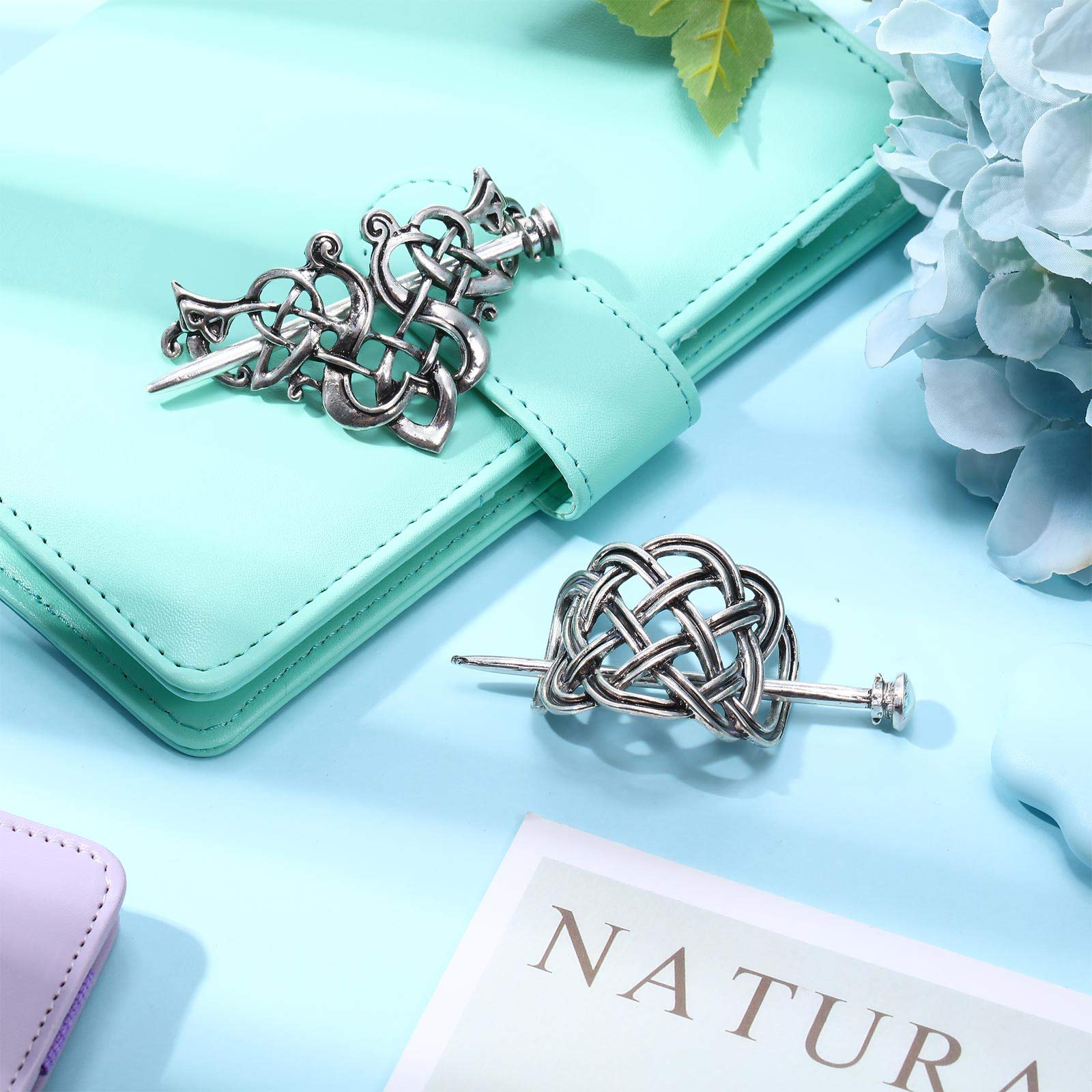 Viking Celtic Hair Clips - 2 Pack Silver Hairpins with Intricate Knot Design, Medieval Hair Accessories for Women | Perfect for Cosplay, Renaissance Fairs & Boho Hairstyles