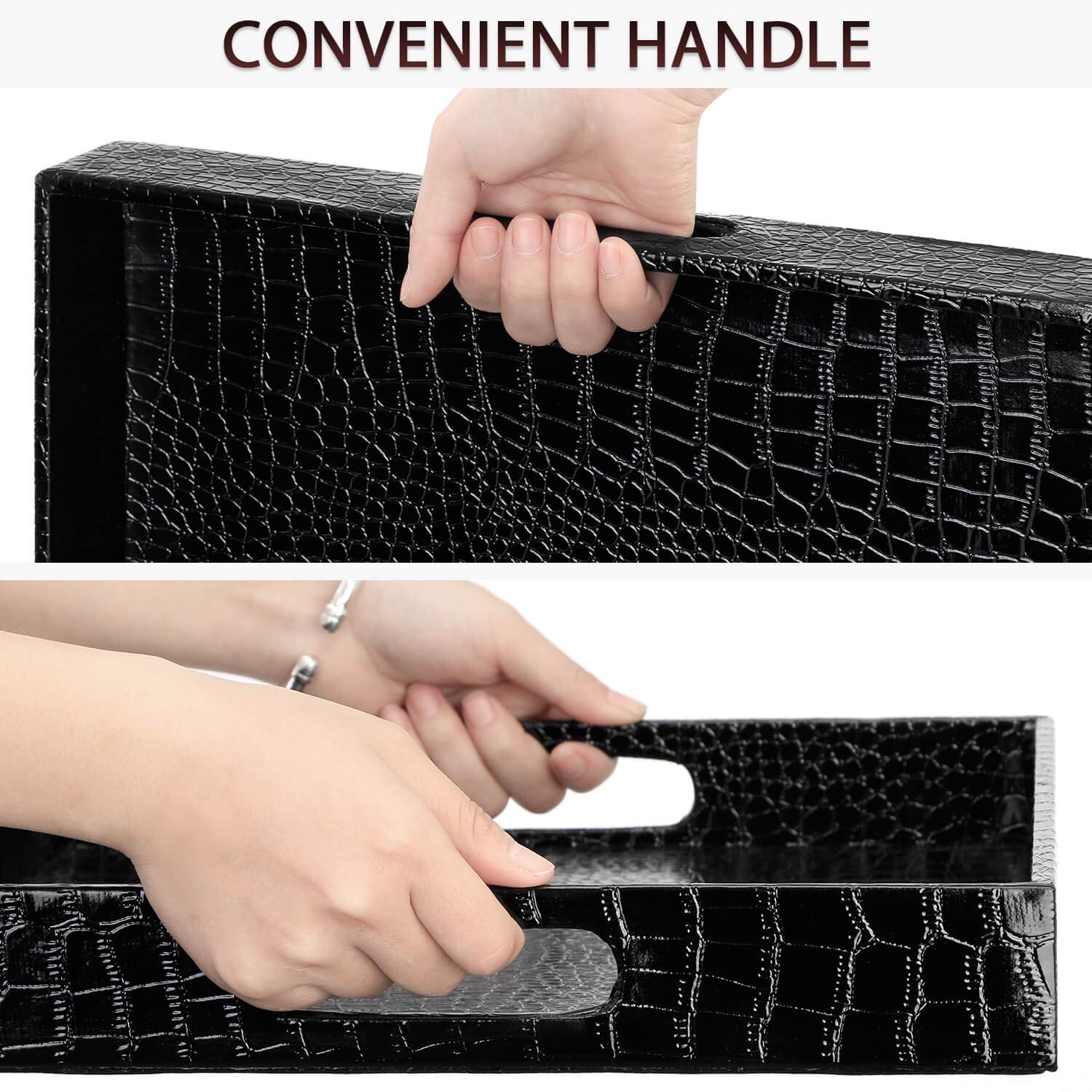 Ranslen Large Rectangular Decorative Serving Tray with Handles - Black Alligator Grain Design - Sturdy Coffee Table Tray for Tea, Food & Bedroom Breakfast - Perfect for Dining, Entertaining & Picnics