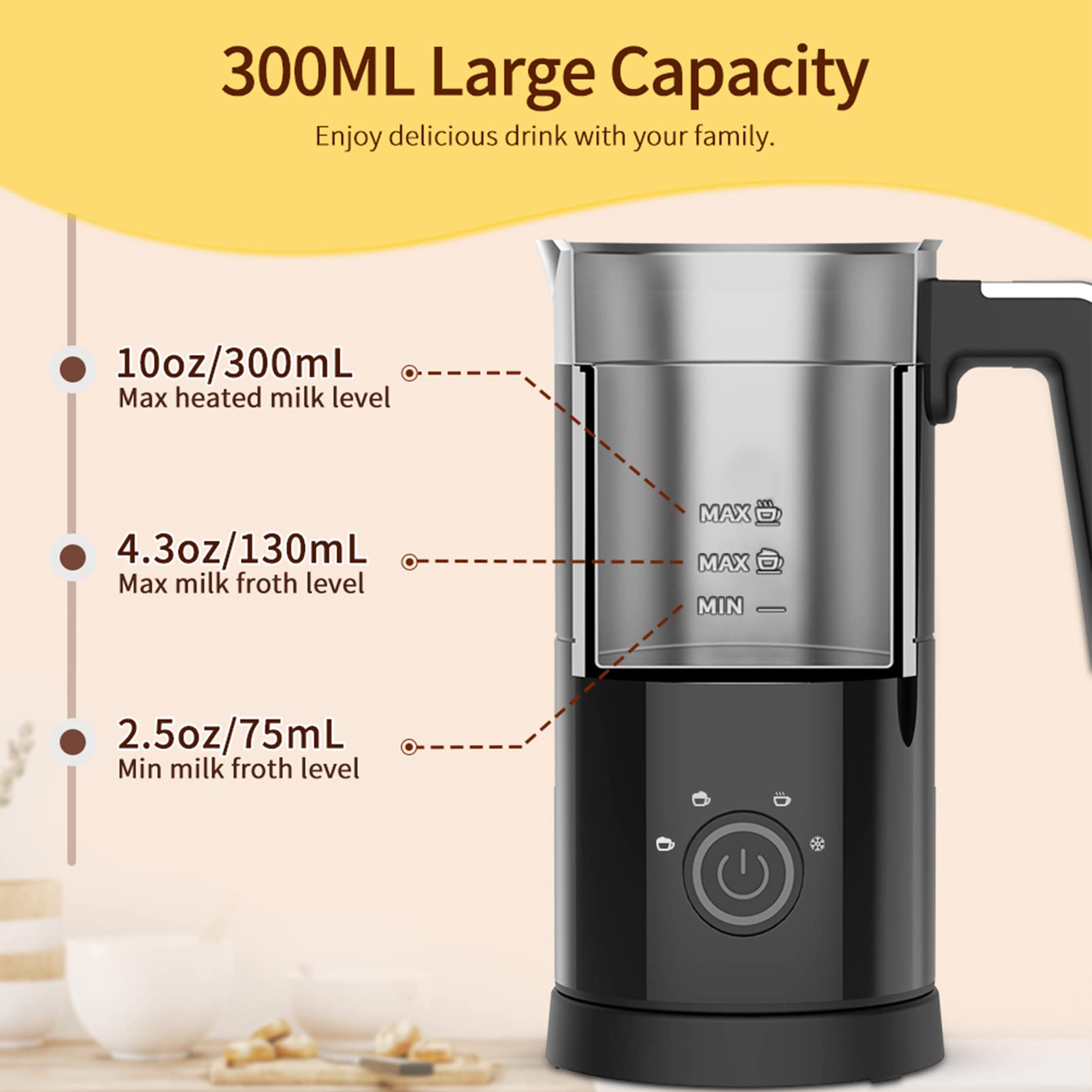 4 in 1 Electric Milk Frother - 10oz/350mL Large Capacity Milk Steamer for Hot & Cold Froth - Automatic Frother & Warmer for Latte, Cappuccino, Macchiato, Hot Chocolate - Perfect for Home Coffee Bars & Office Use