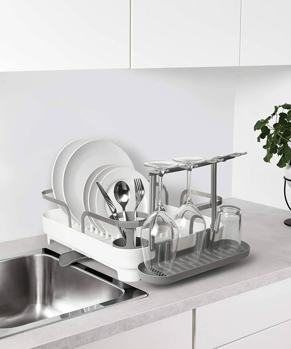 Umbra Holster Deluxe Dish Rack - White | Modern Countertop Dish Drying Rack with Utensil Holder | Perfect for Small Kitchens, Apartments & RVs