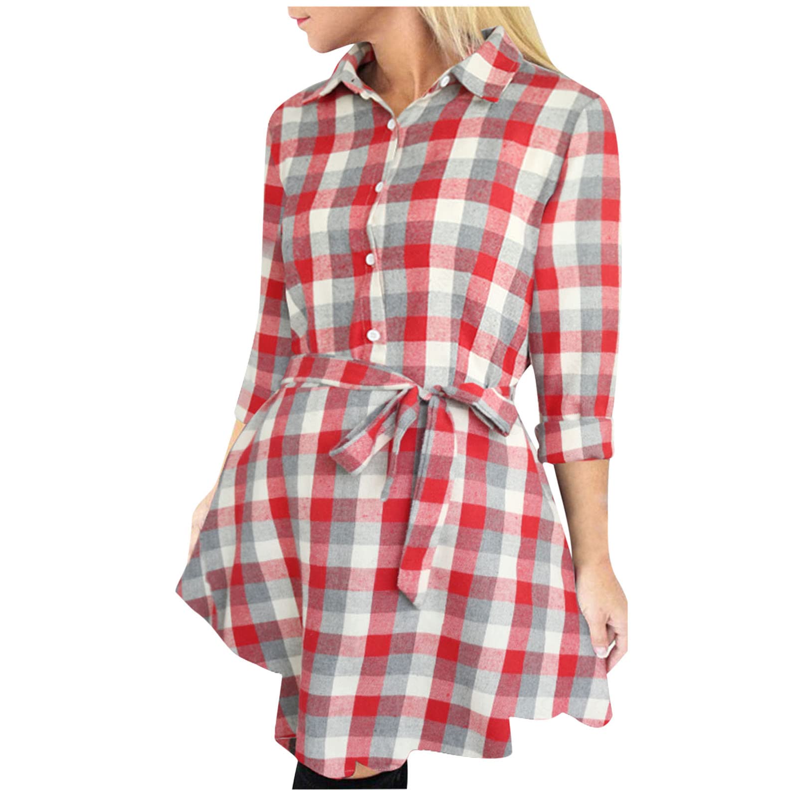 Women's Plaid Printed Casual Lapel Shirt Dress with Seven Points Sleeve, Tie Bowknot & Mid Waist - Perfect for Office Wear, Date Night & Spring Outfits