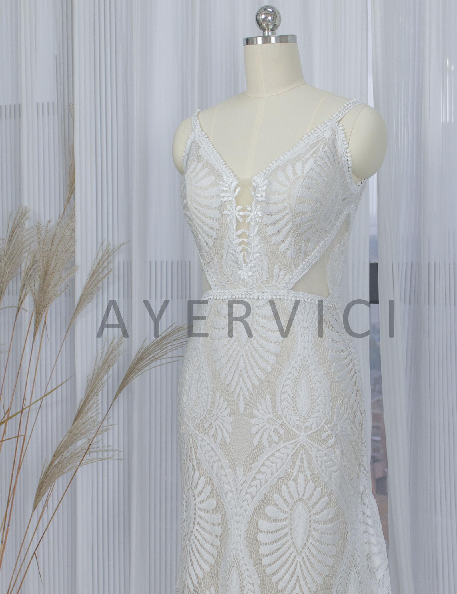 Boho Lace Wedding Dress with Long Sleeves | Deep V-Neck Backless Sheath Gown | Bohemian Bridal Dress for Beach, Garden & Outdoor Weddings