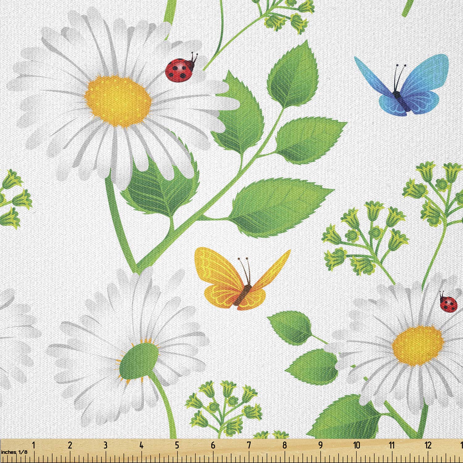 Ambesonne Ladybugs Stretch Knit Fabric by The Yard - 10 Yards of White Green Macro Chamomiles & Ladybugs Print for Clothing Sewing, DIY Crafts - Perfect for Dresses, Home Decor & Creative Projects