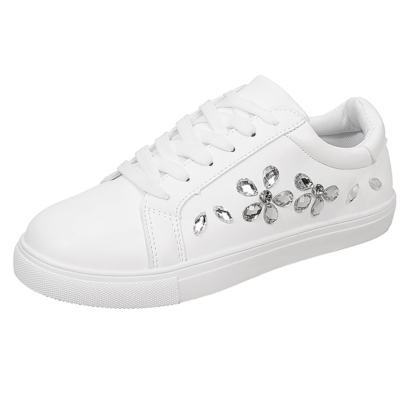 Women's White Rhinestone Slip-On Canvas Sneakers - Fashion Lace-Up Flats for Casual Wear, Walking & Daily Comfort