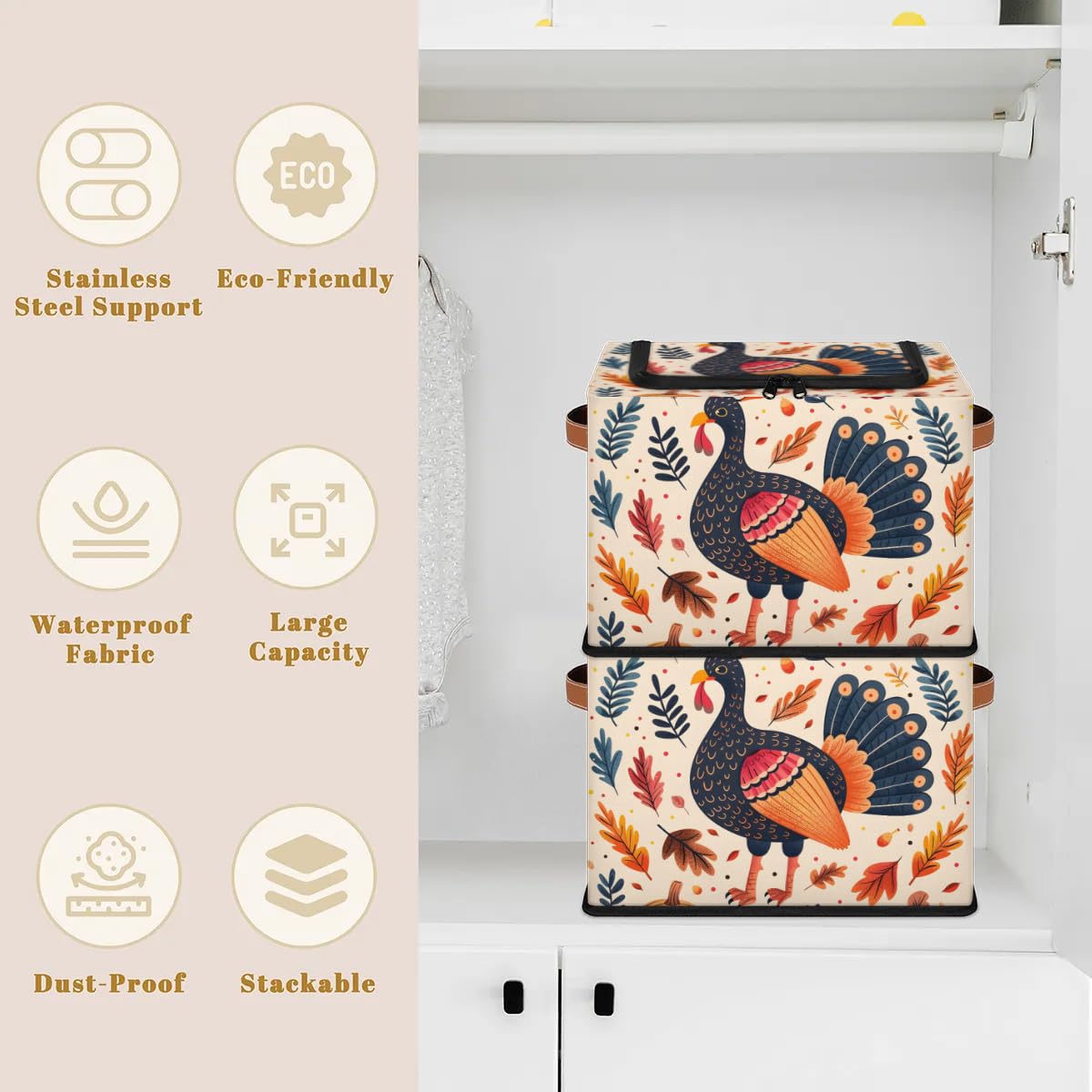 Thanksgiving Day Storage Boxes with Sturdy Handles - 2 Pack Zippered Storage Bins for Clothes, Toys & Home Organization | Durable Zipper Lid Storage Baskets for Holiday Decor, Seasonal Items & Kids Room Organization