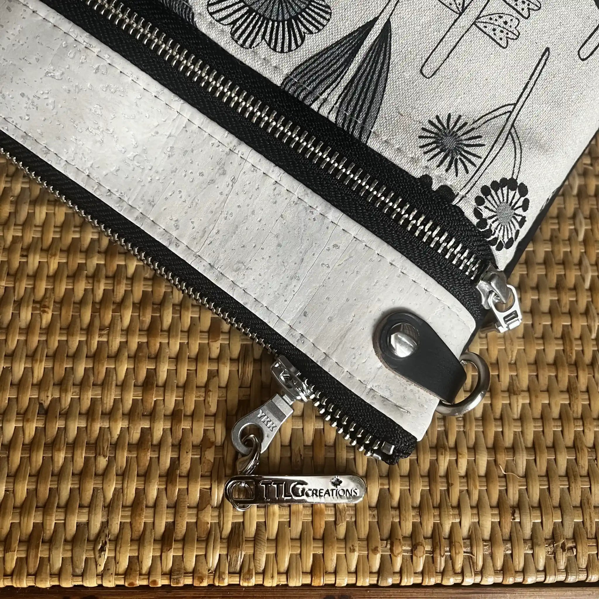 Izzy's Mom Cross Body Bag (Medium) - Off White & Black Cork with Bloom Fabric, Nickel Hardware | Stylish and Functional Purse for Women, Perfect for Daily Use, Travel, and Shopping