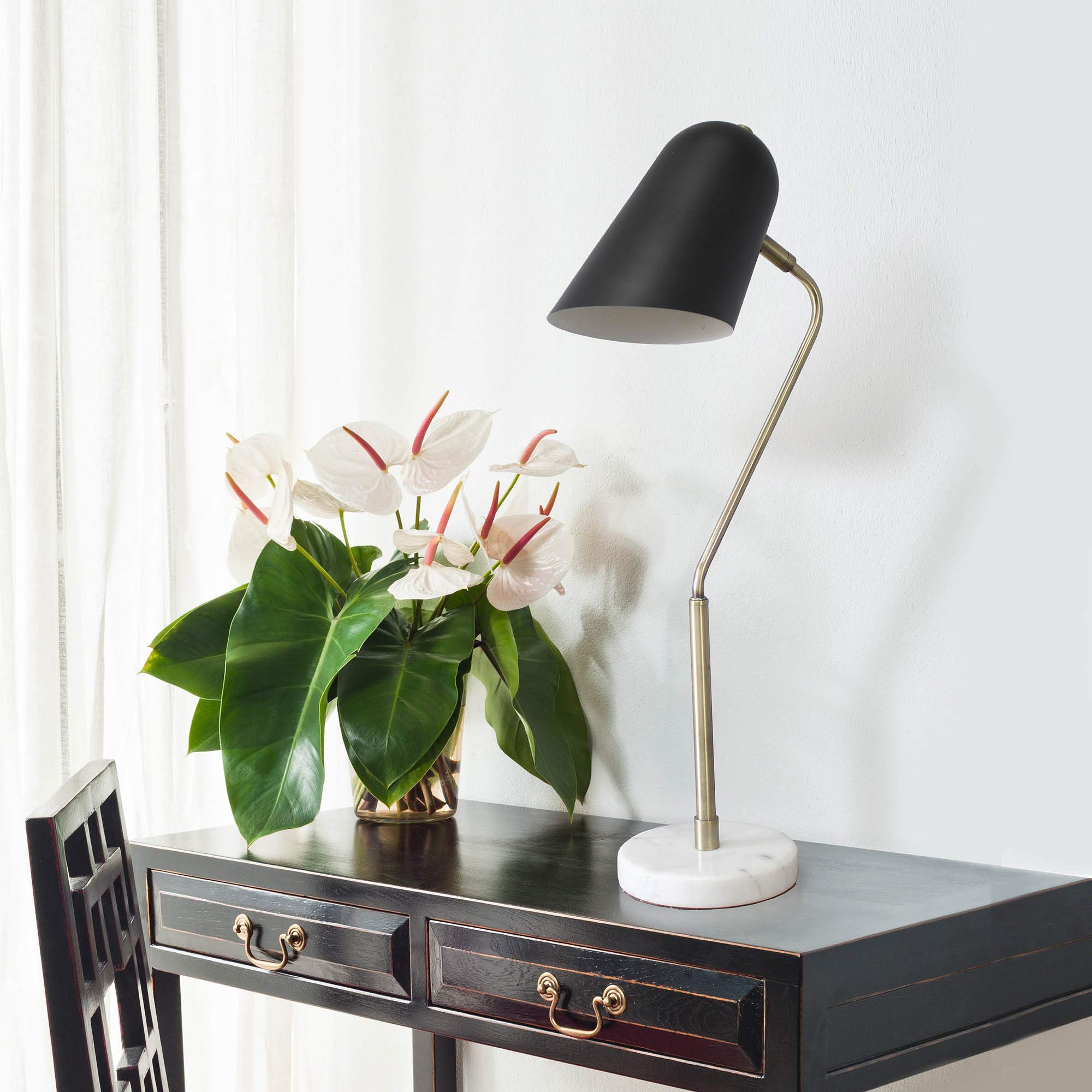 Vintage Industrial Desk Lamp - 24 Inch Adjustable LED Light with Antique Brass, Matte Black & Marble White Finish (LHD-5058-AB) | Perfect for Home Office, Study Room & Reading Nook Lighting