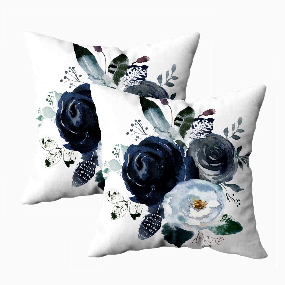 Boho Floral Pillow Covers Set of 2 - Navy Blue Watercolor Roses & Peonies Design, 20x20 Inch Decorative Throw Pillow Cases for Sofa, Bed, Living Room - Perfect for Boho, Farmhouse & Coastal Home Decor